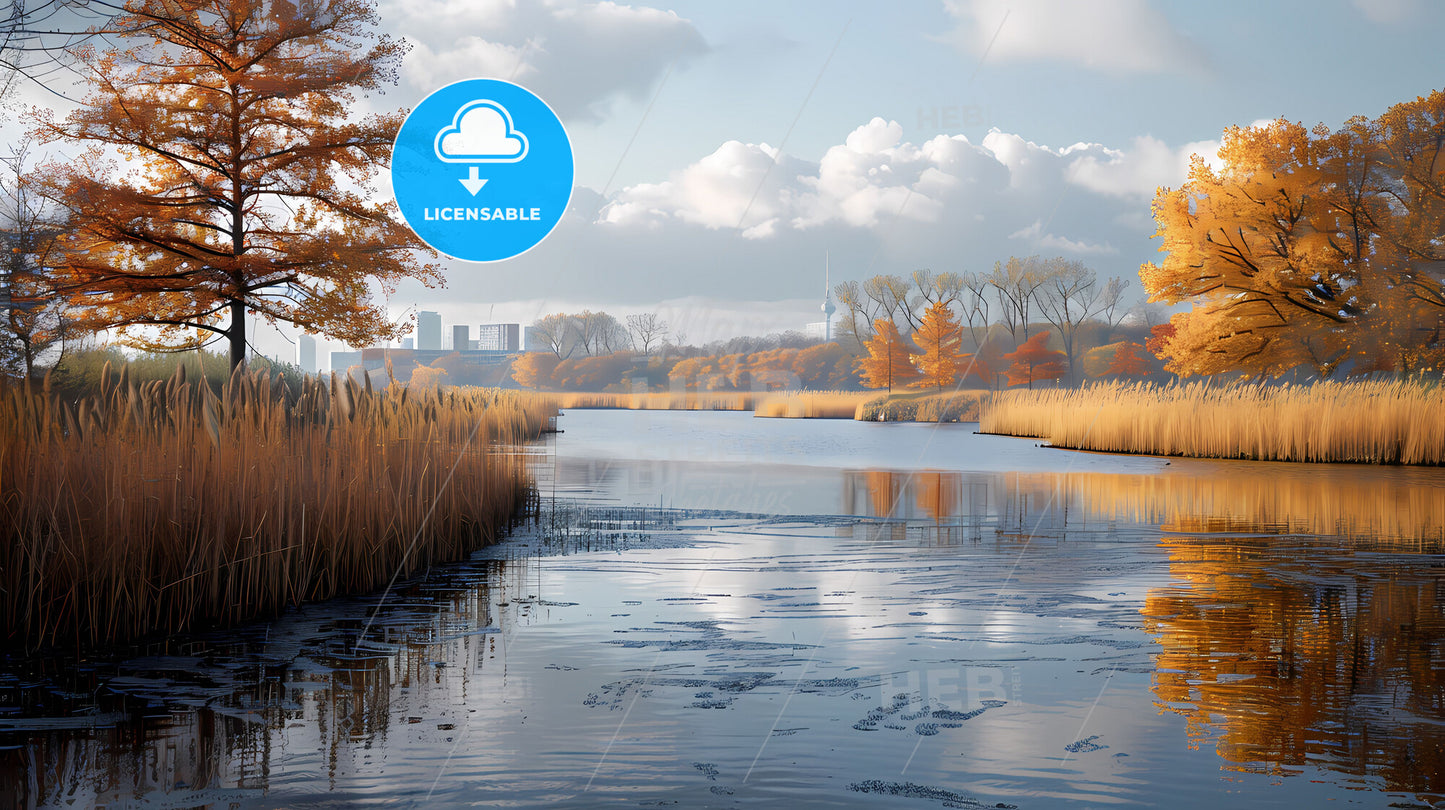 Original Berlin river landscape painting with reeds and trees