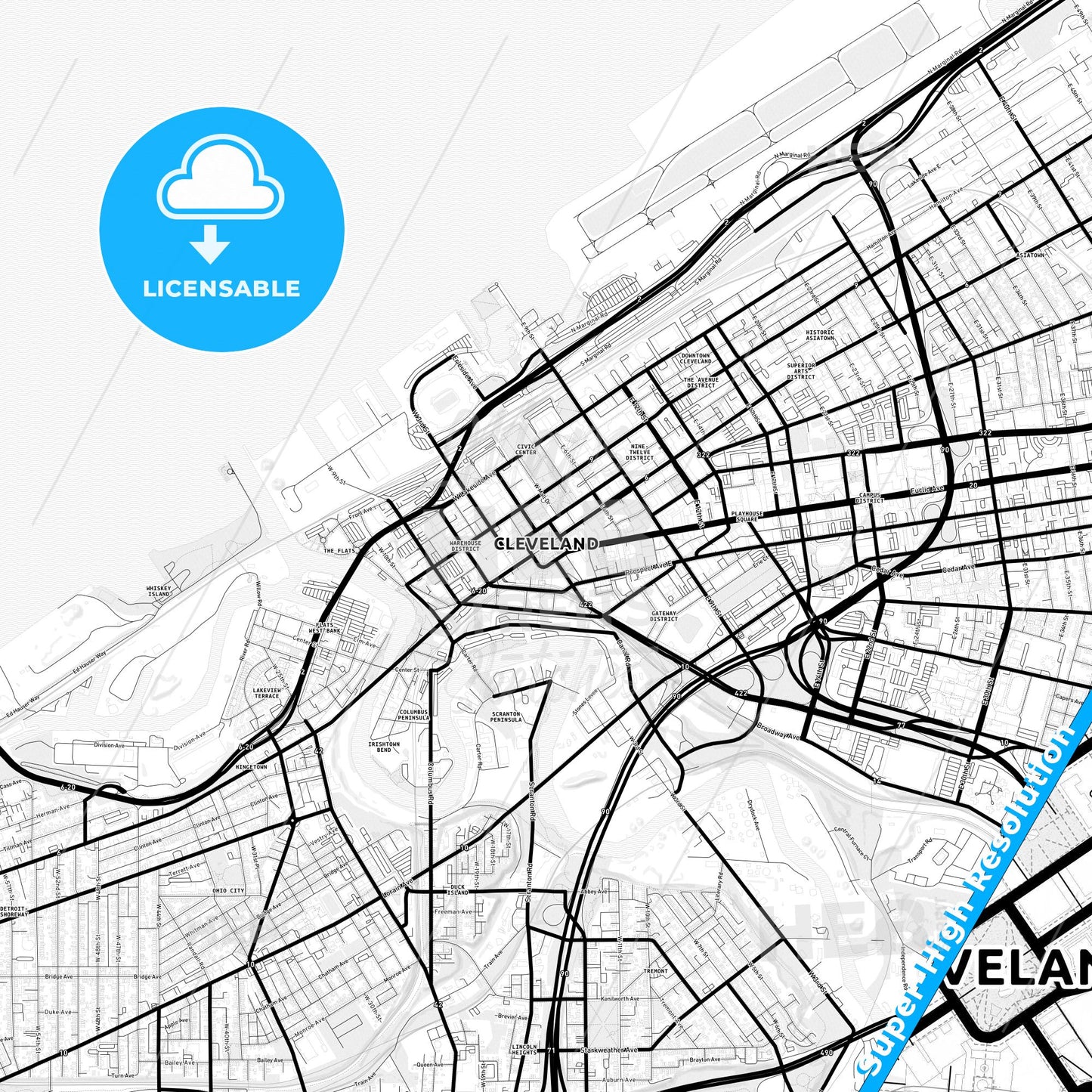 Cleveland, Ohio Light Map with Street Names, City Names, and Districts