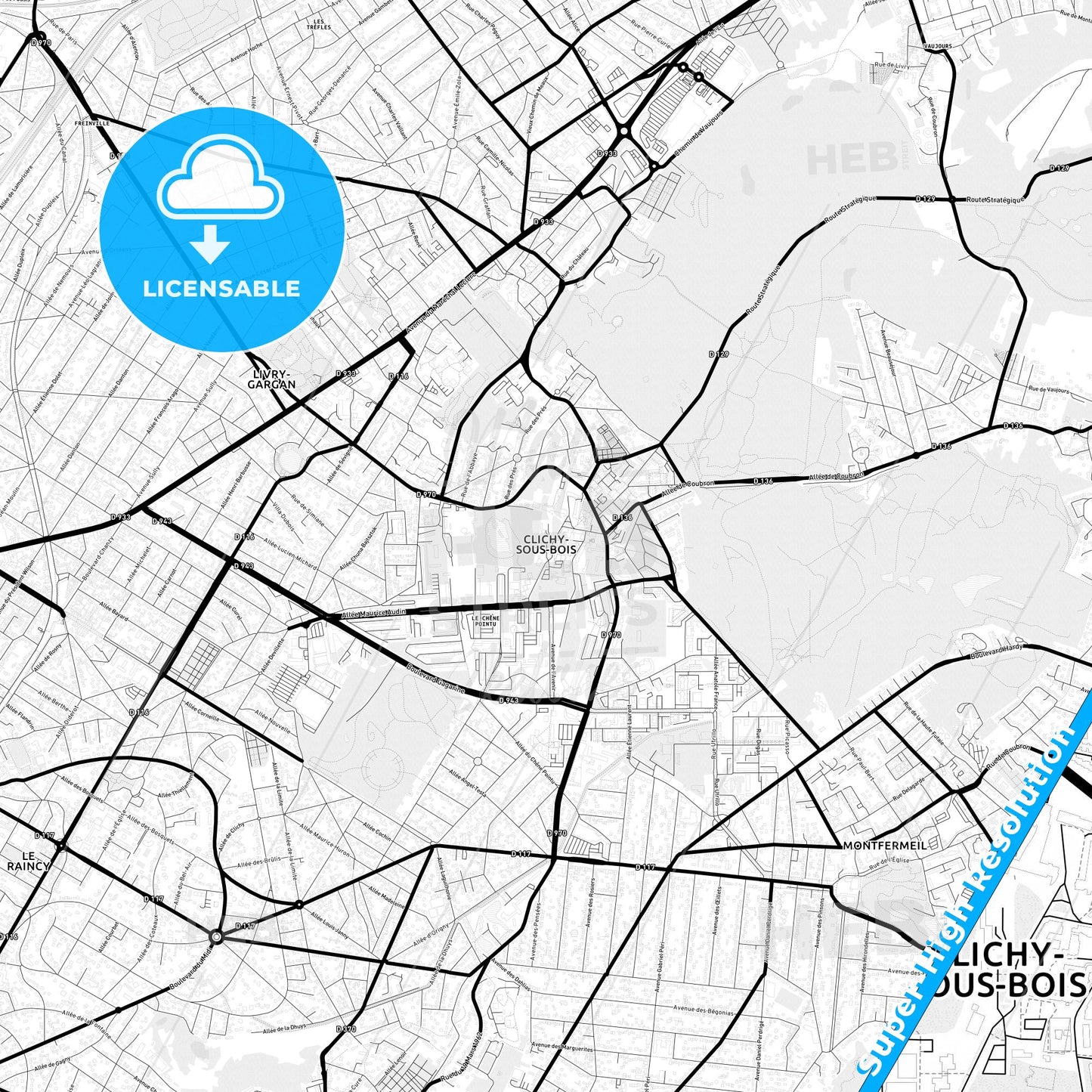Clichy-sous-Bois, France Light Map with Street Names, City Names, and Districts