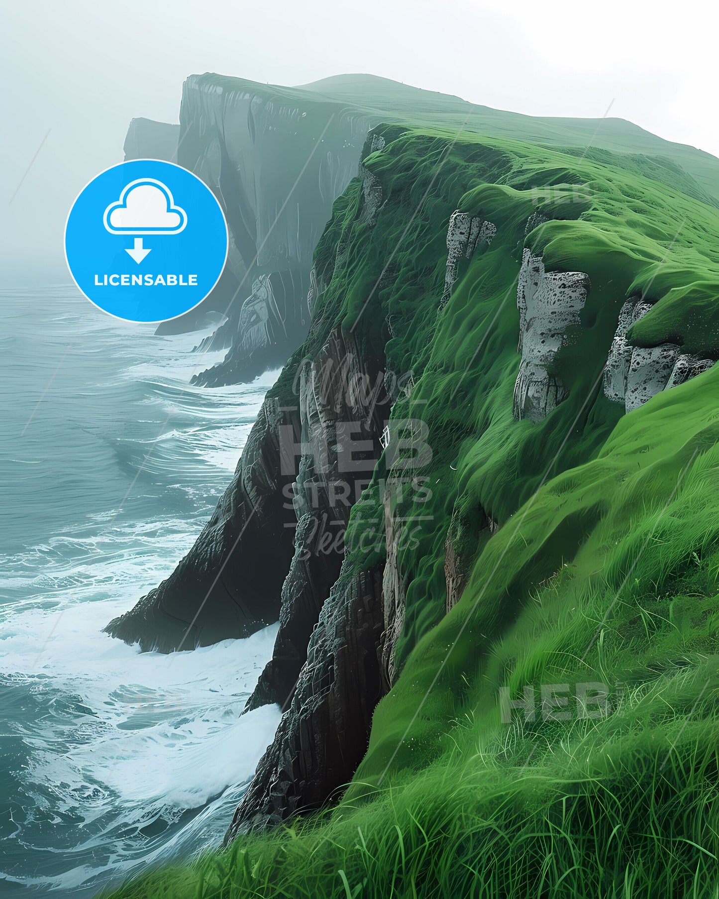 Colorful Artistic Depiction of Clipperton Island's Grassy Cliff Overlooking Ocean, North America