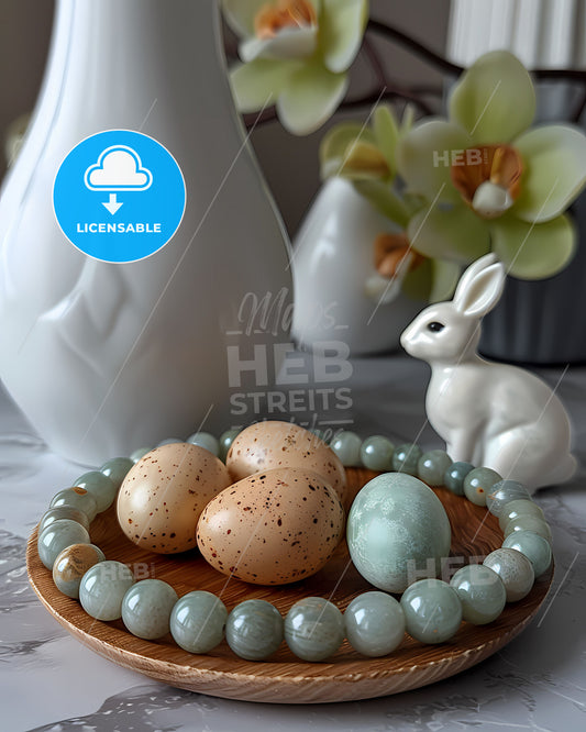 Artful Easter Still Life: Hand-Painted Bunny Figurine, Glass Bangle, Pastel Eggs