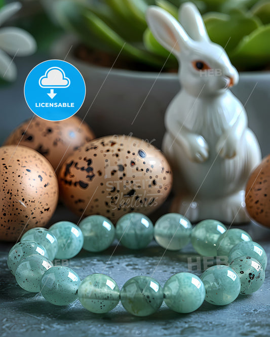 Vibrant art featuring Easter bunny figurines, eggs, and a pastel green glass bangle bracelet