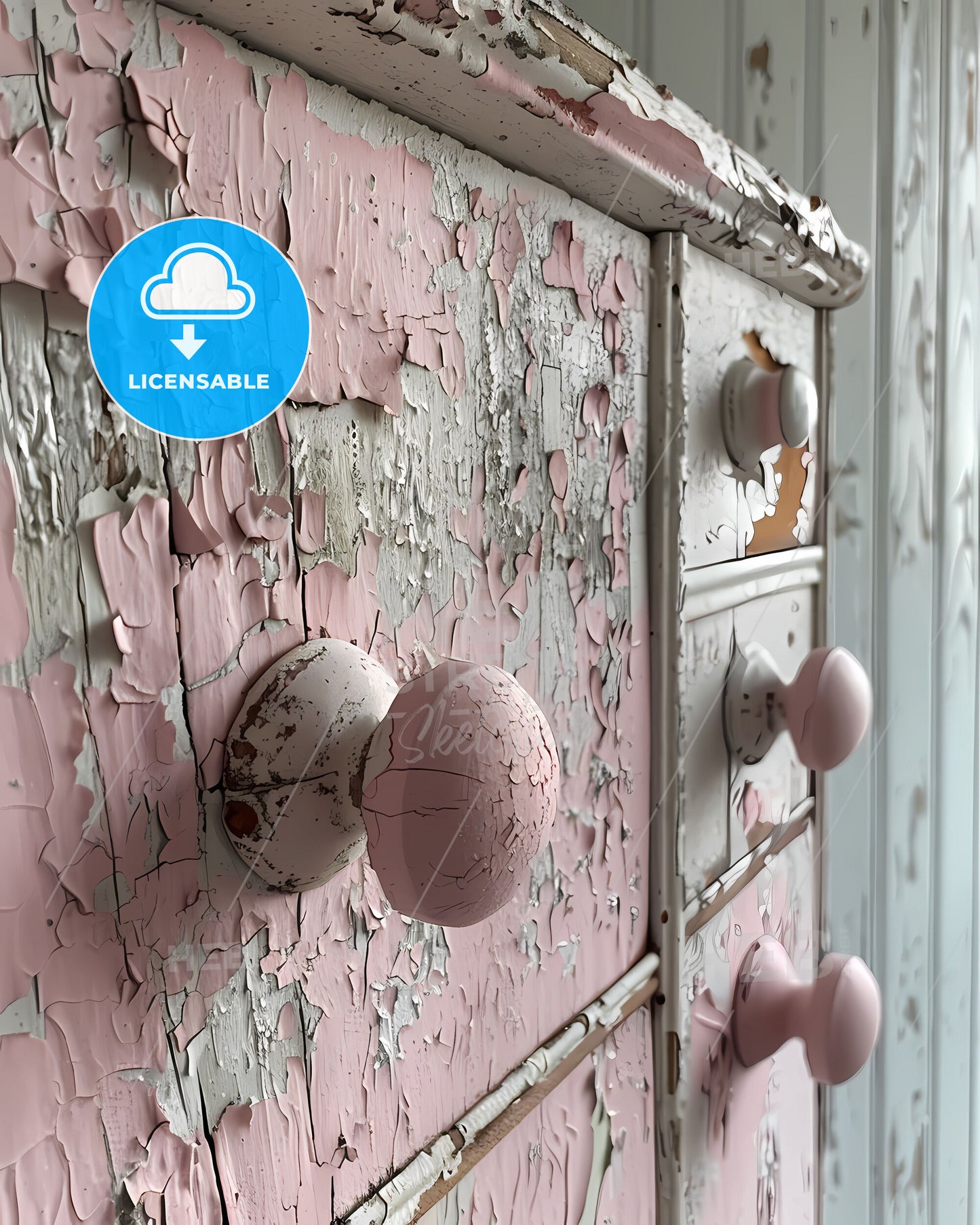 Vintage Inspired Shabby Chic Bathroom Cabinet with Painted Details, Distressed Materials and Neutral Tones, Close-Up of Dresser with Vibrant Painting, Minimalistic Composition, Soft Lighting