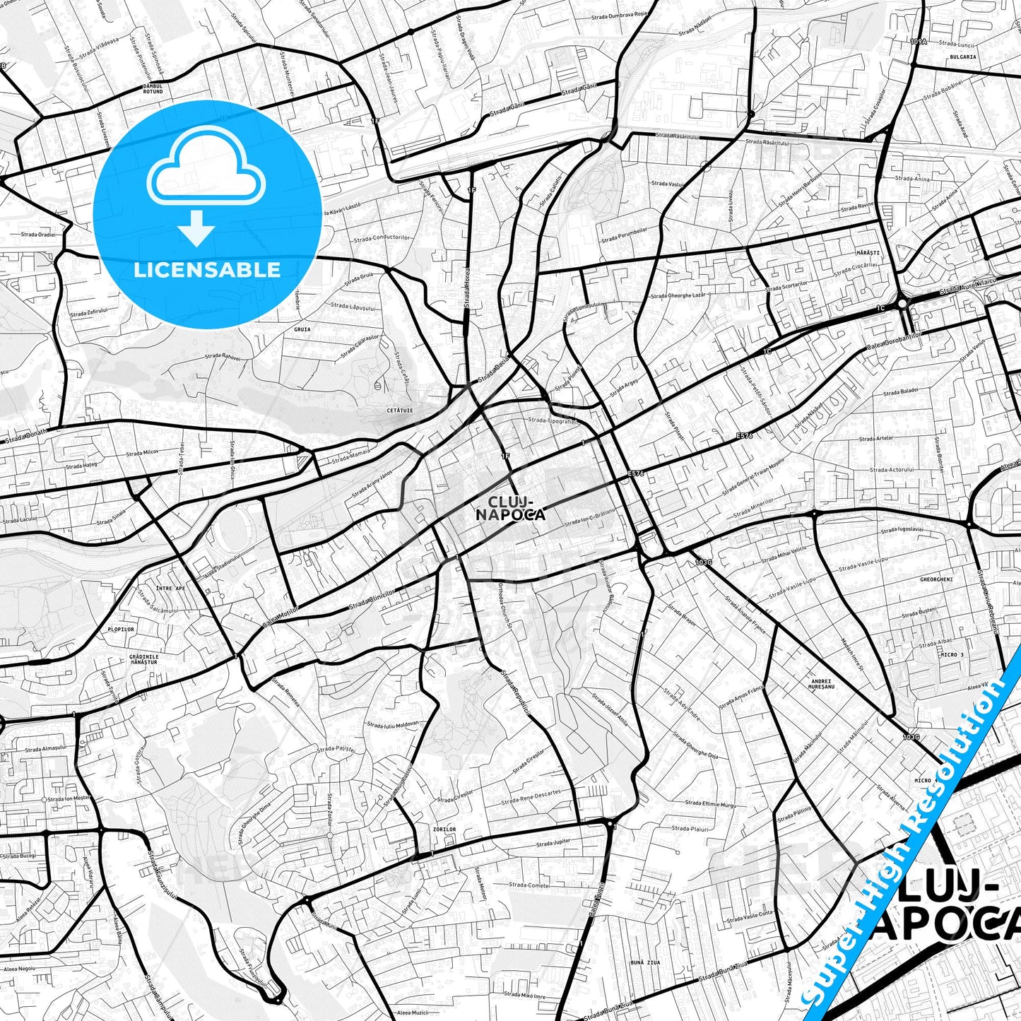 Cluj-Napoca, Romania Light Map with Street Names, City Names, and Districts