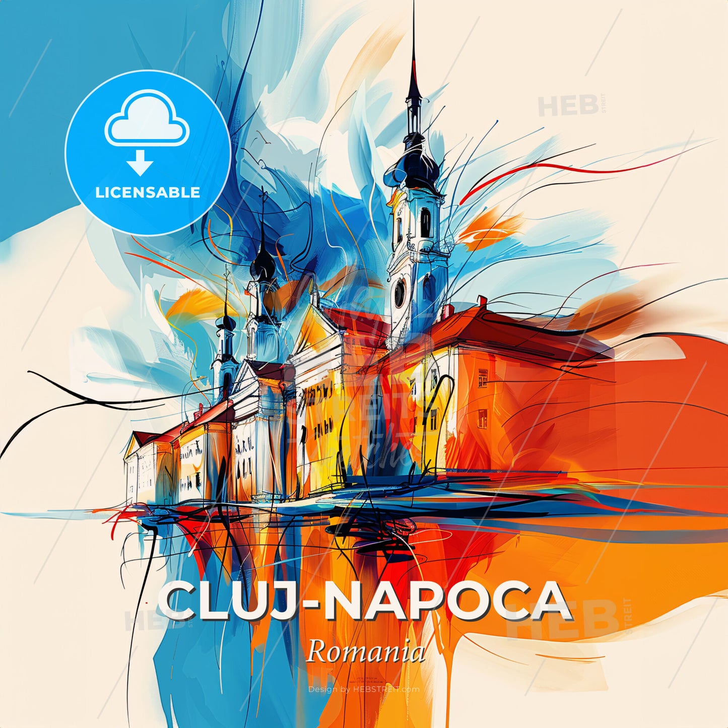 Vibrant Cluj-Napoca, Romania - A Painting Of A Building With Towers And A Blue And Orange Background - Square format print template