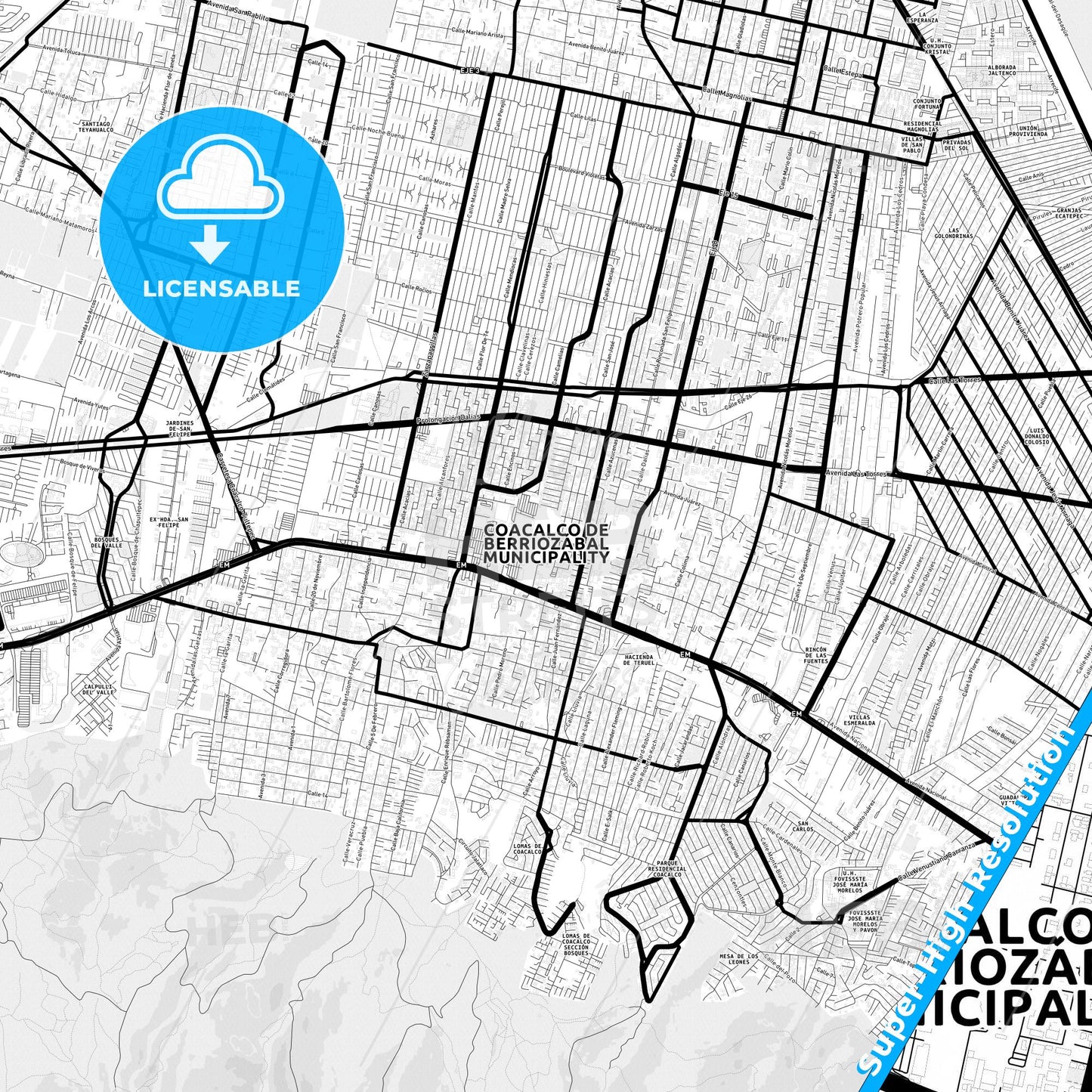 Coacalco de Berriozábal, Mexico Light Map with Street Names, City Names, and Districts