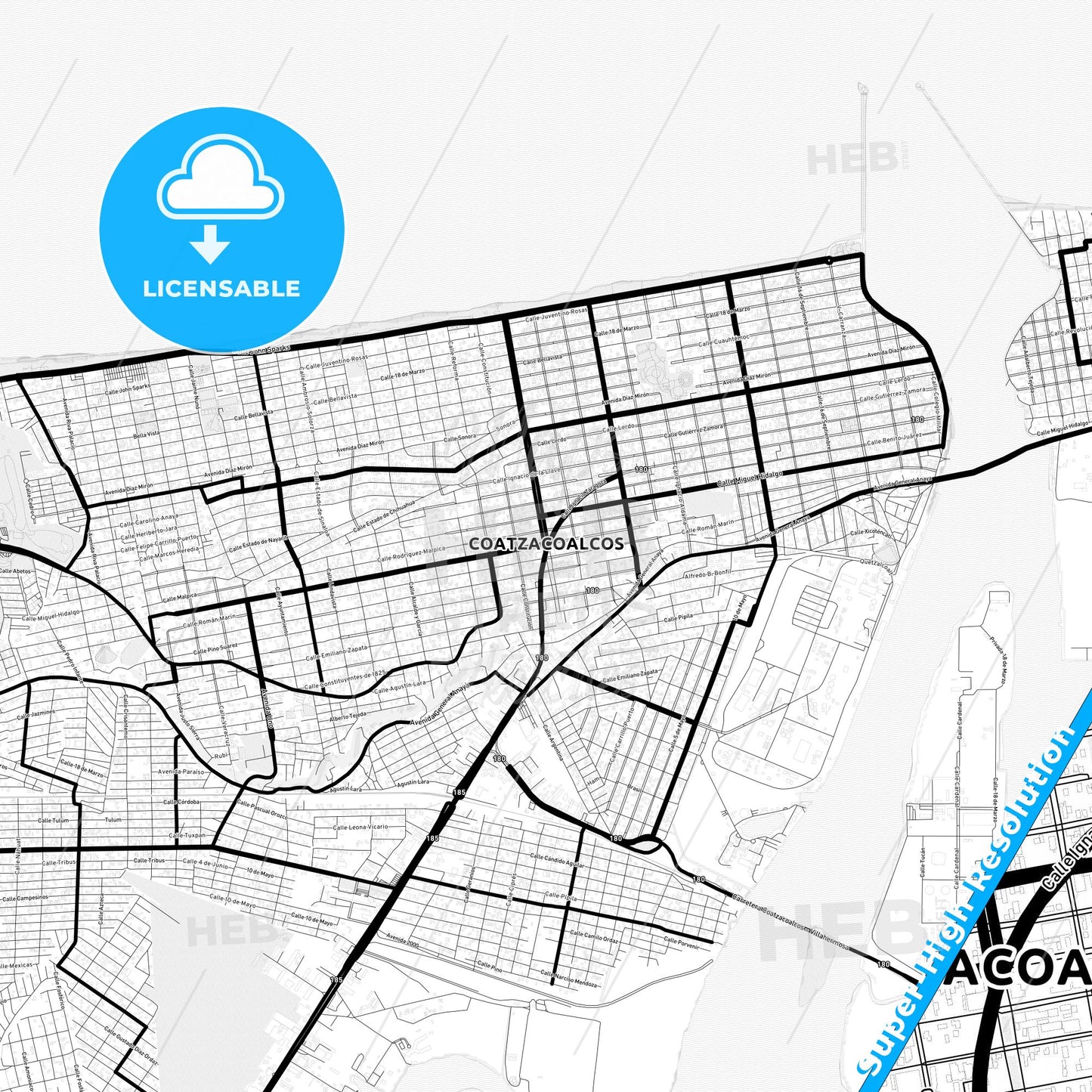 Coatzacoalcos, Mexico Light Map with Street Names, City Names, and Districts