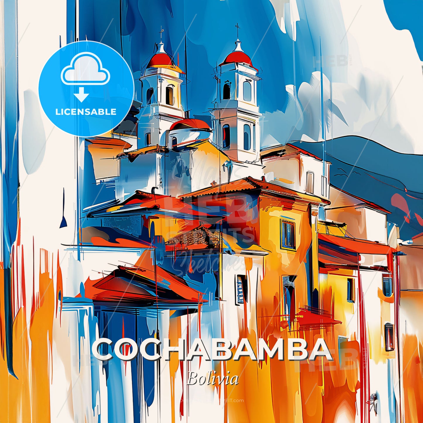 Vibrant Cochabamba, Bolivia - A Painting Of A Skyline With A Colorful Building - Square format print template