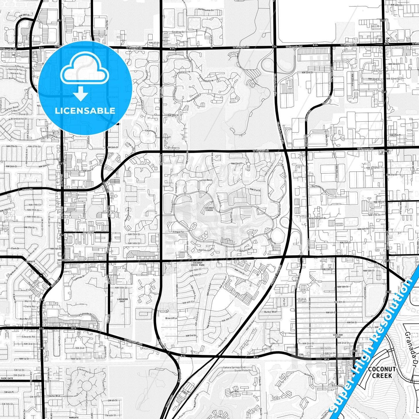 Coconut Creek, Florida Light Map with Street Names, City Names, and Districts