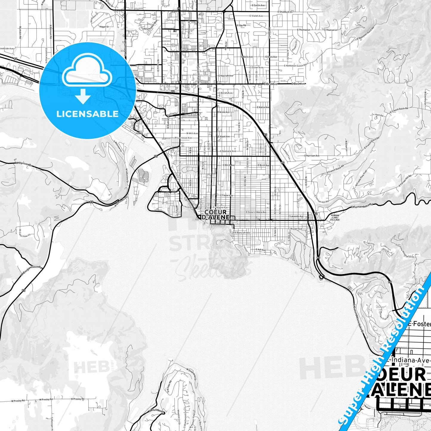 Coeur d Alene, Idaho Light Map with Street Names, City Names, and Districts