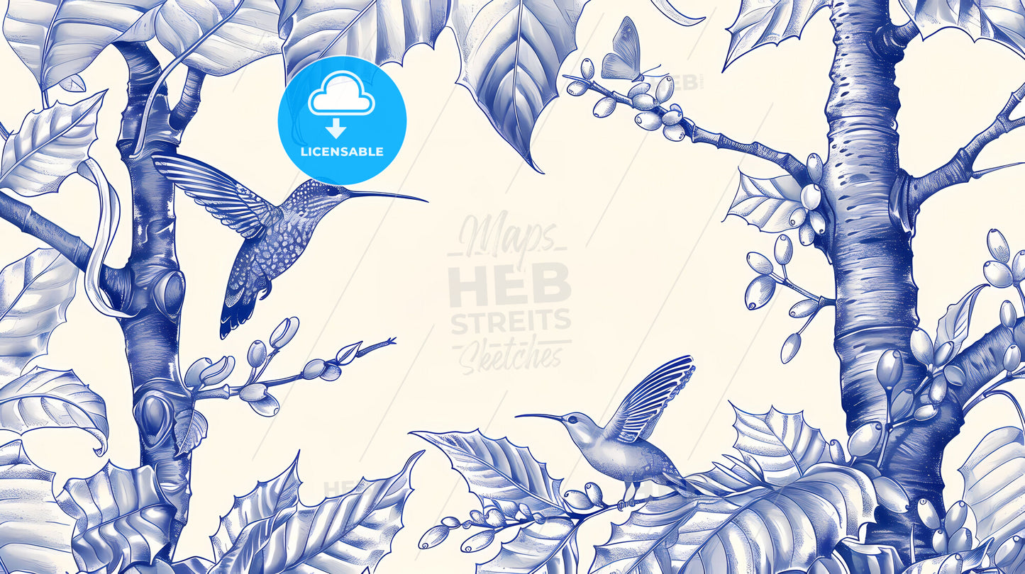 Blue and White Coffee Hummingbirds - Vibrant Art Drawing, Nature lovers