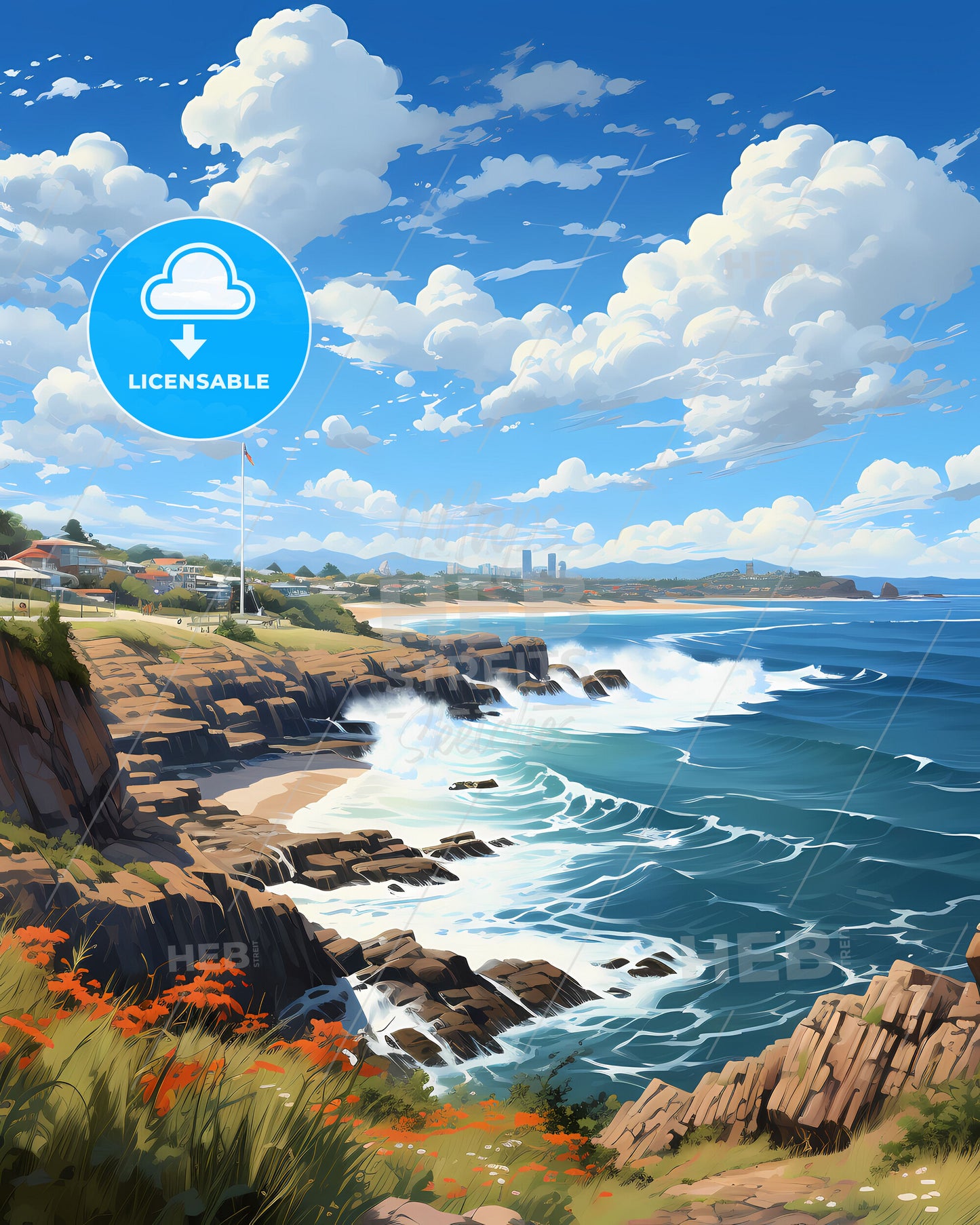 Coffs Harbour Australia City Skyline Panoramic View Painting Waves Rocky Beach Crashing Shore