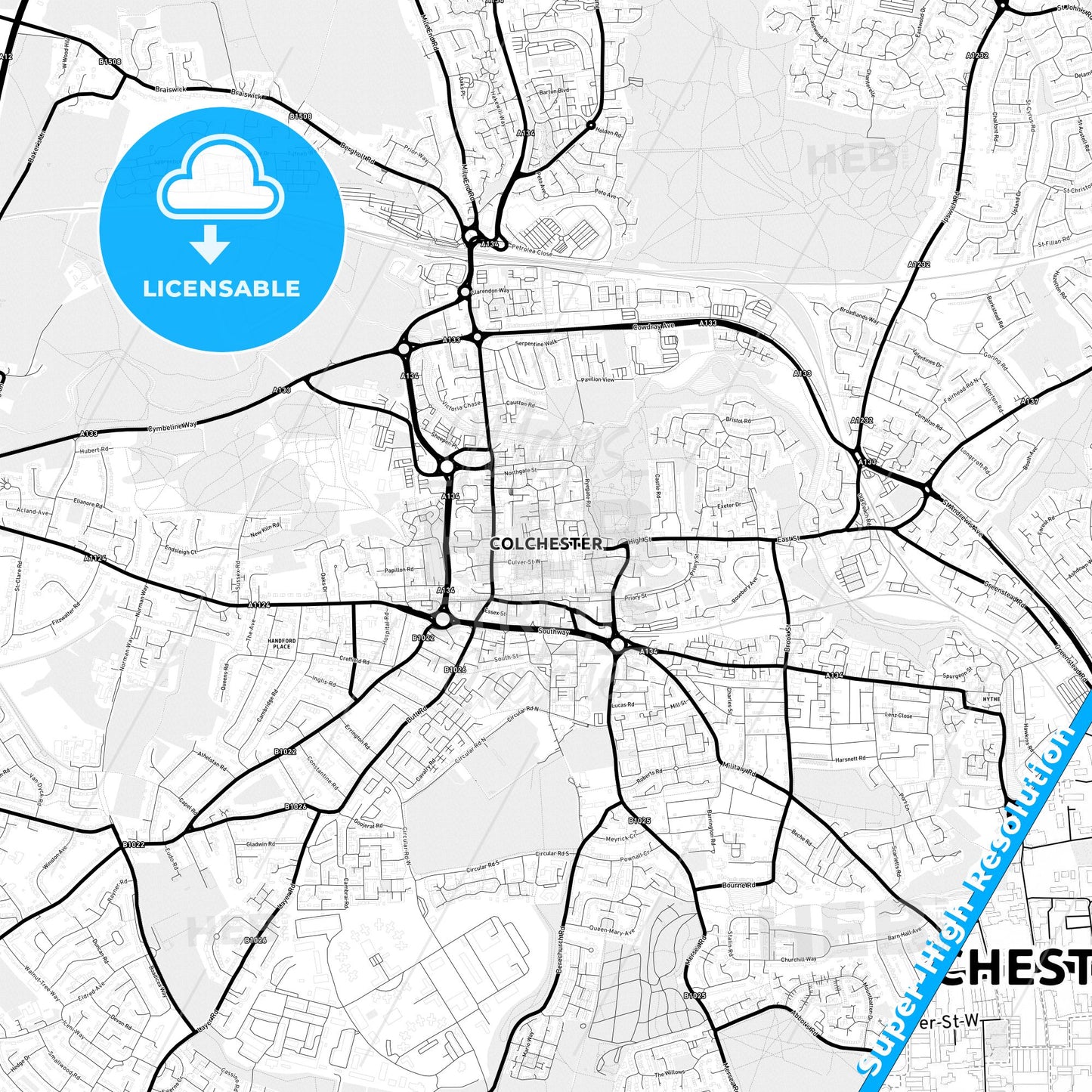 Colchester, England Light Map with Street Names, City Names, and Districts