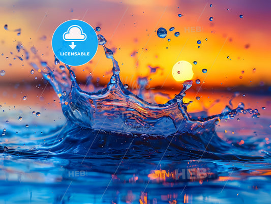 Vibrant Art Painting: Abstract Water Splash in Blue and Orange with Sunset Sky