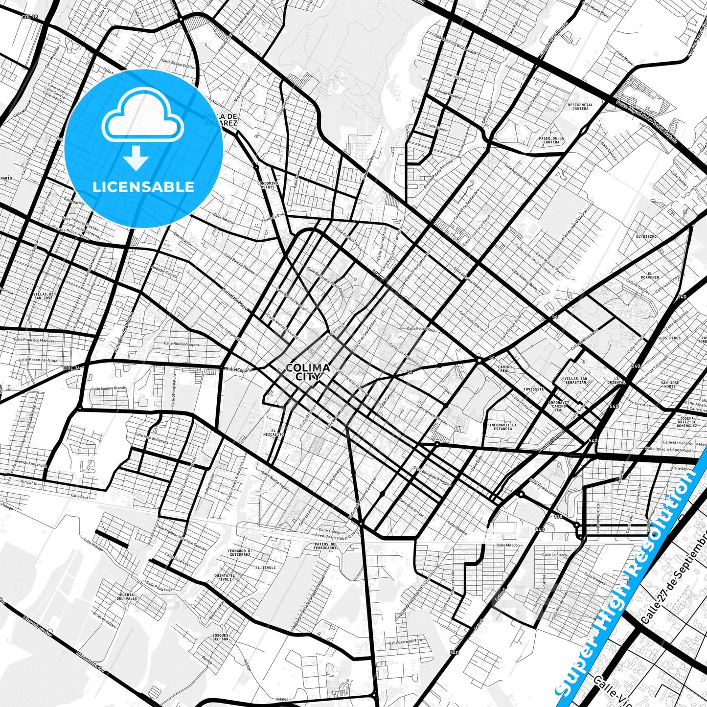 Colima, Mexico Light Map with Street Names, City Names, and Districts