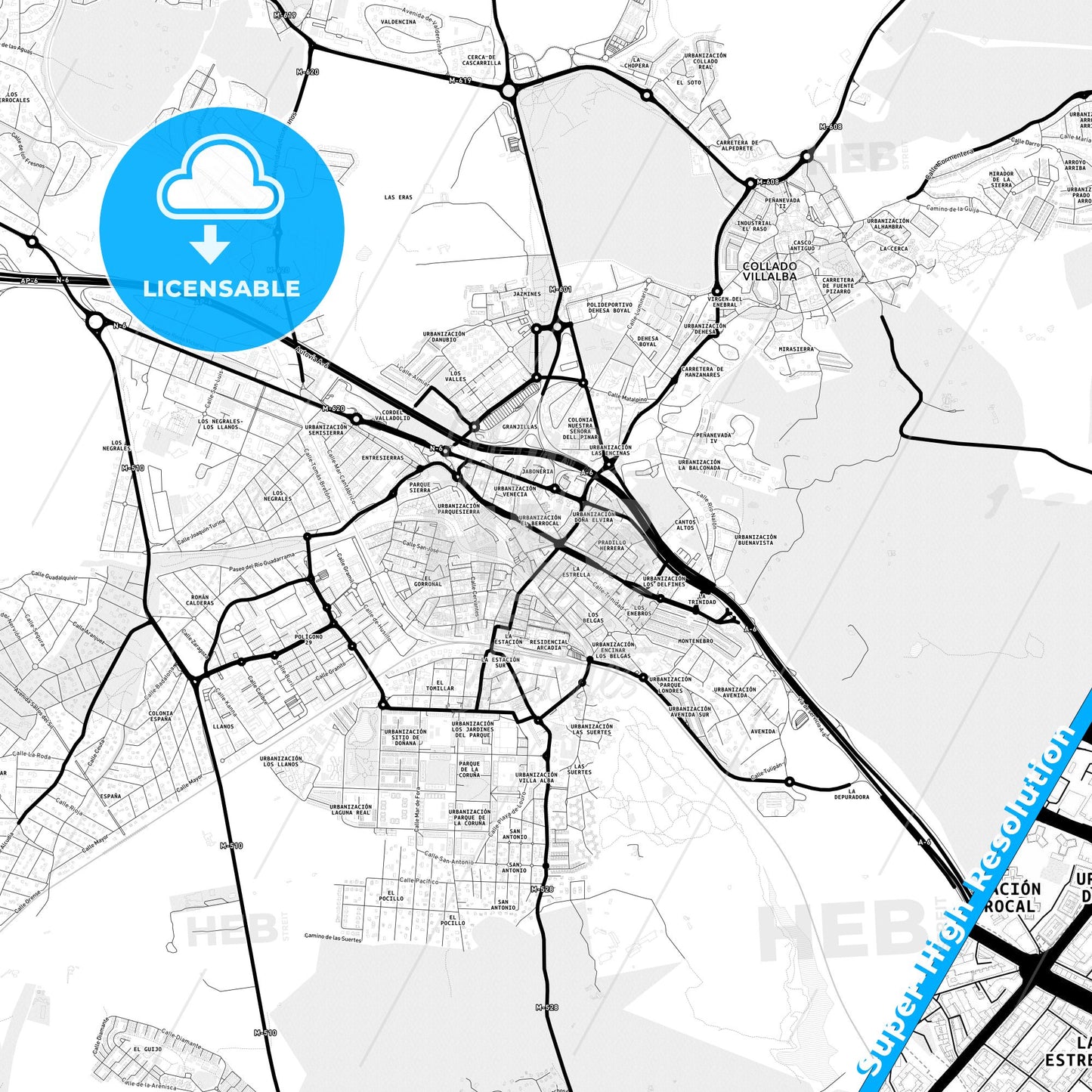 Collado-Villalba, Spain Light Map with Street Names, City Names, and Districts