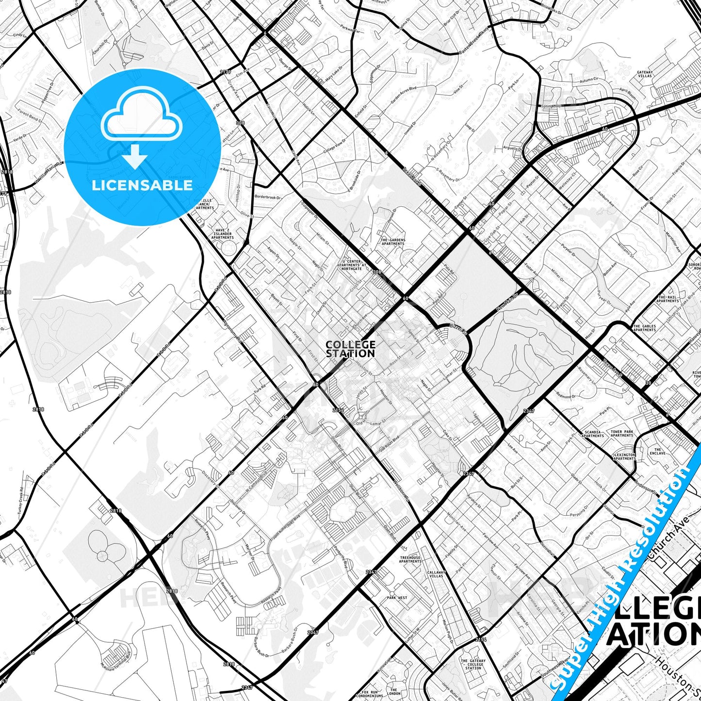 College Station, Texas Light Map with Street Names, City Names, and Districts