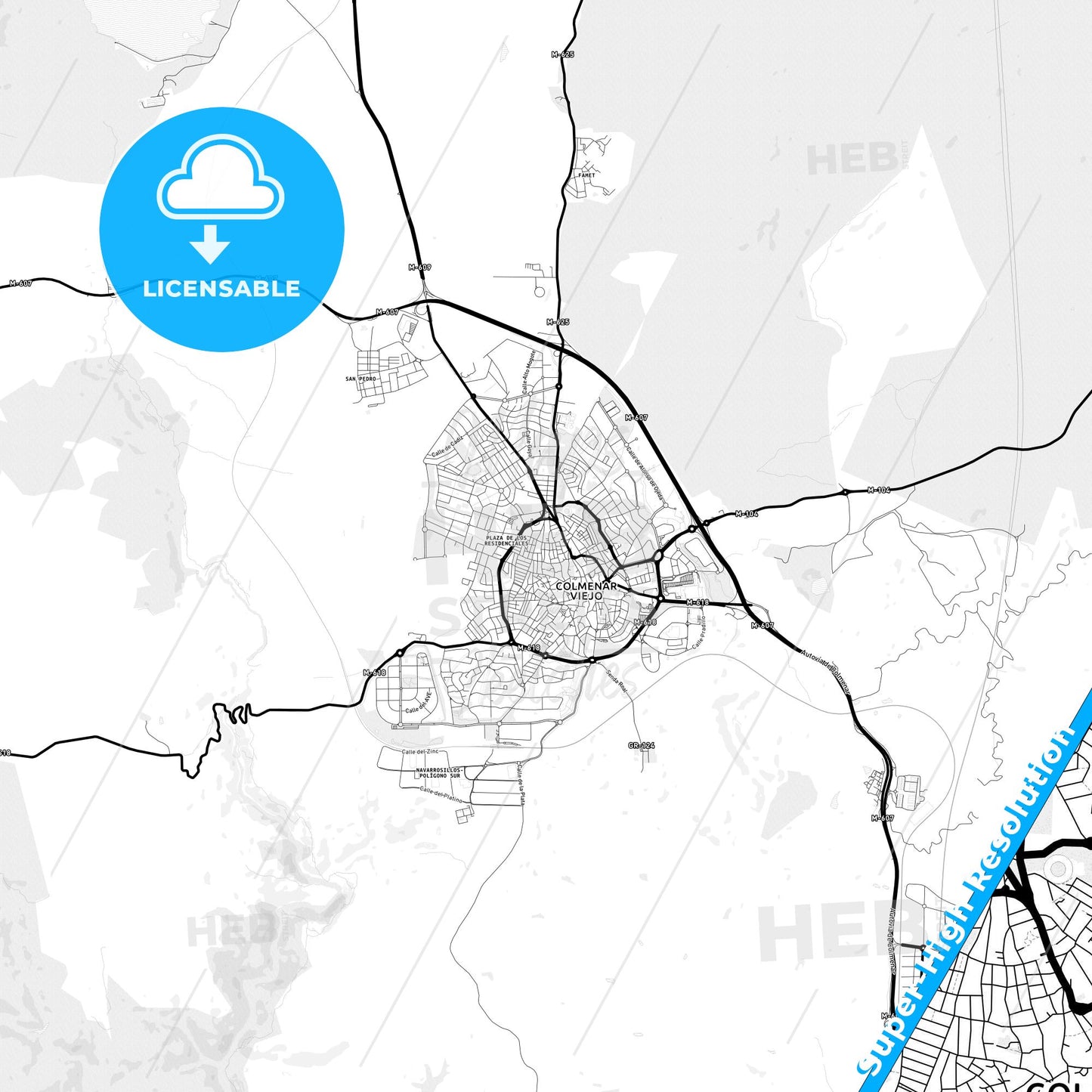 Colmenar Viejo, Spain Light Map with Street Names, City Names, and Districts