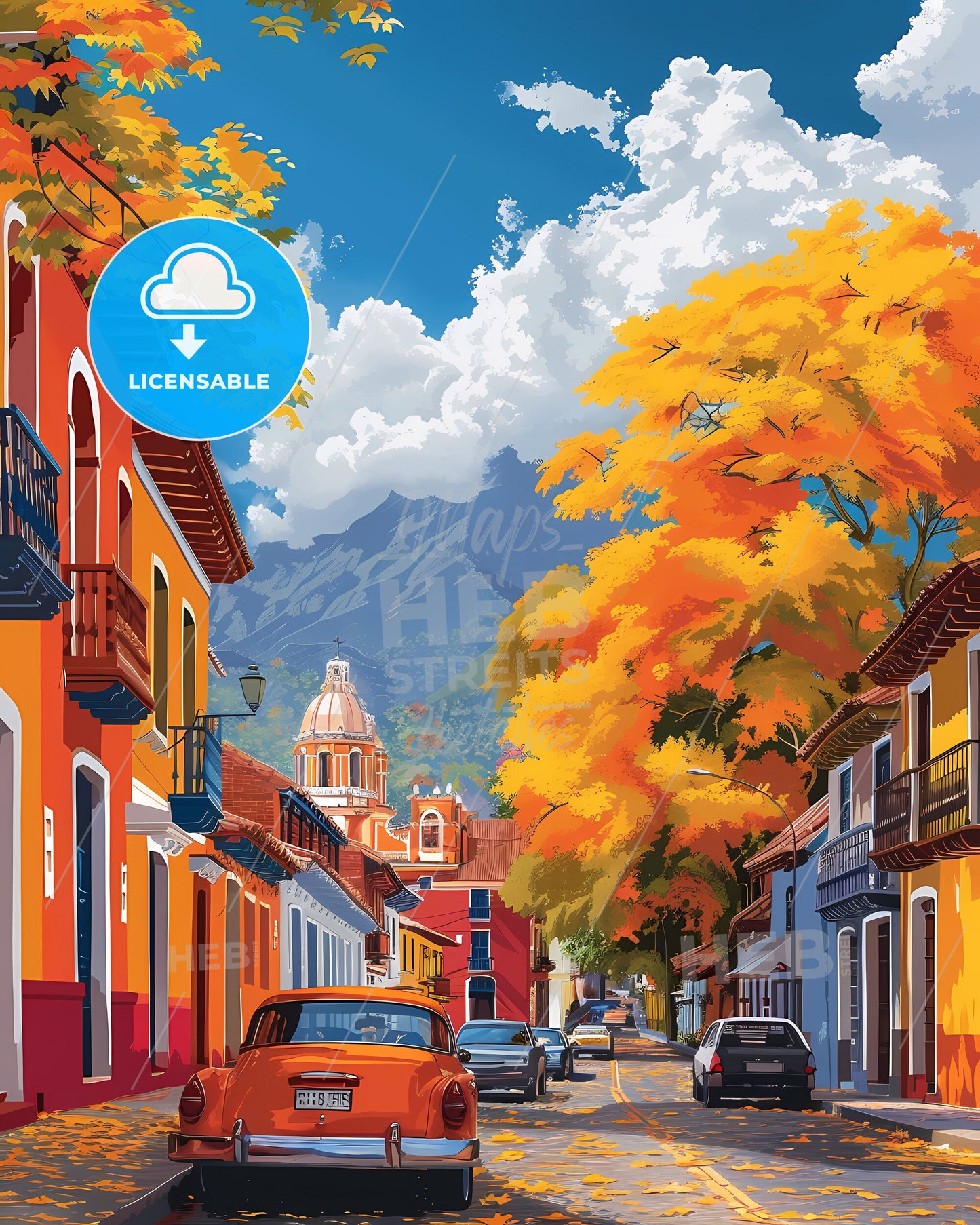 Vibrant Colombian Street Painting Depicting Cars, Buildings, and Lush Greenery