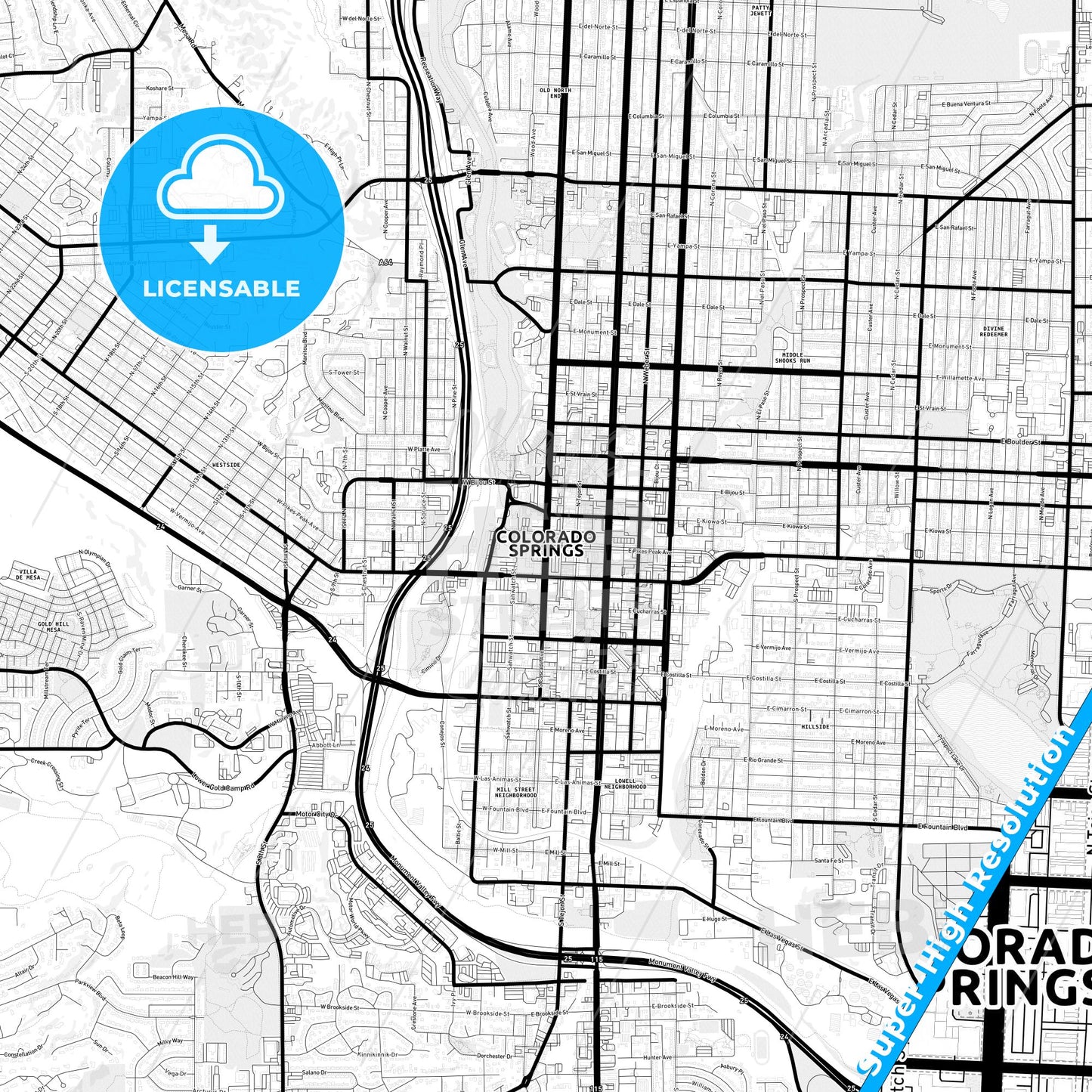 Colorado Springs, Colorado Light Map with Street Names, City Names, and Districts