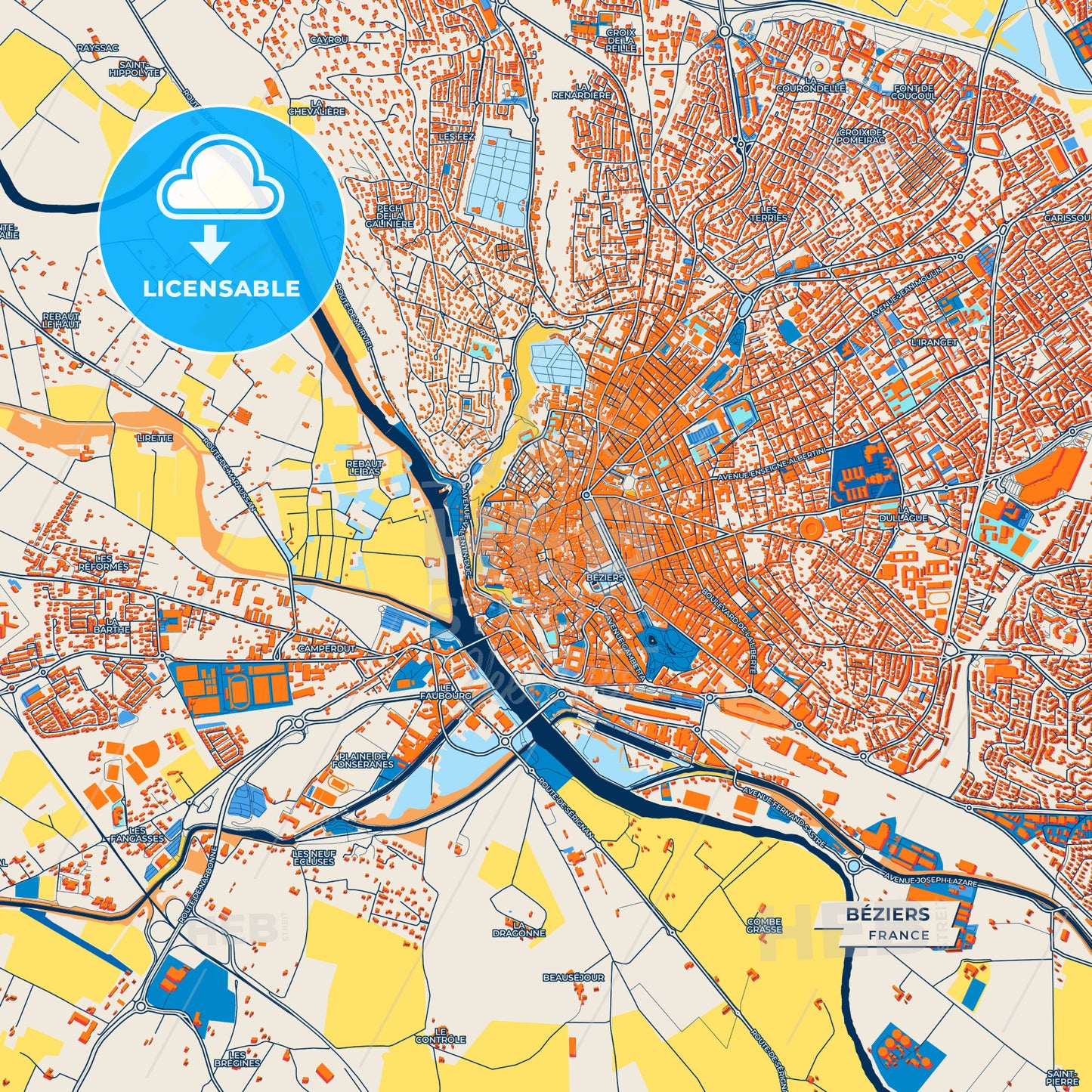 Canvas Print Template of Béziers Street Map