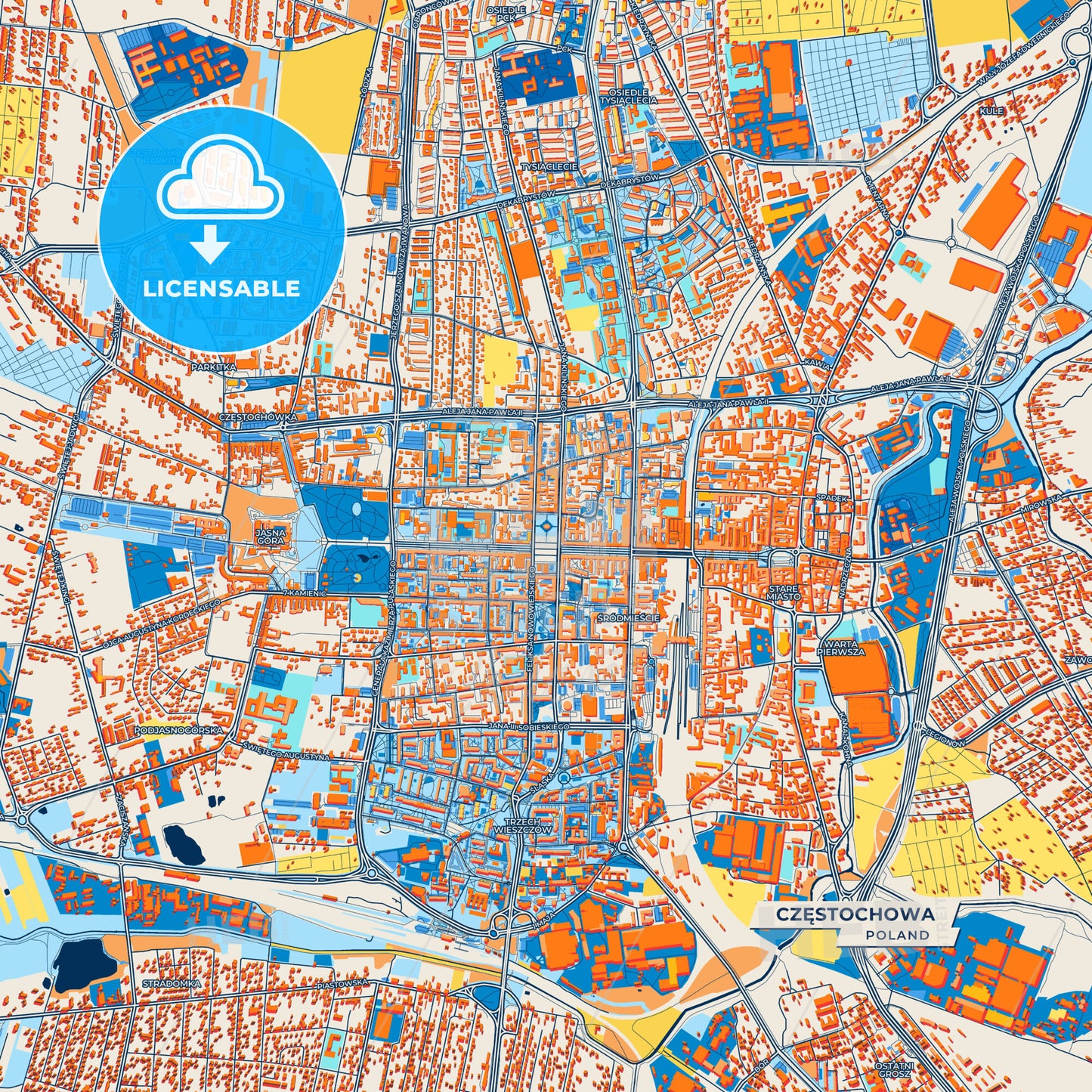 Canvas Print Template of Częstochowa Street Map