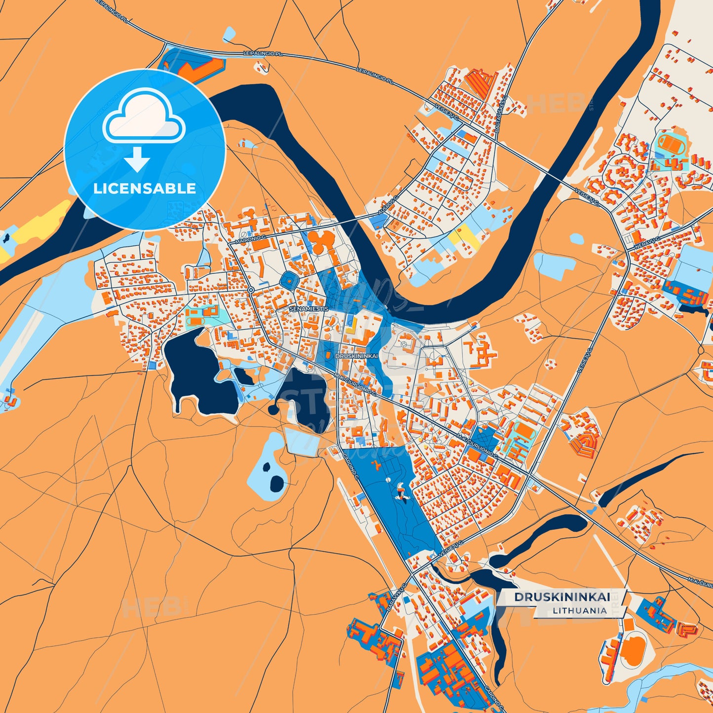 Canvas Print Template of Druskininkai Street Map