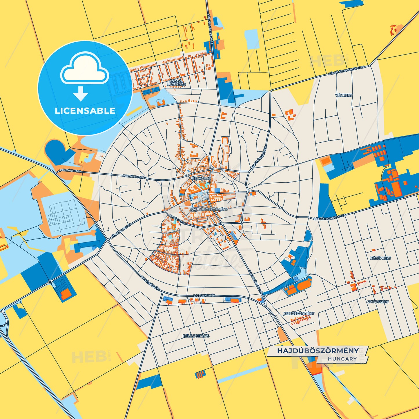 Canvas Print Template of Hajdúböszörmény Street Map