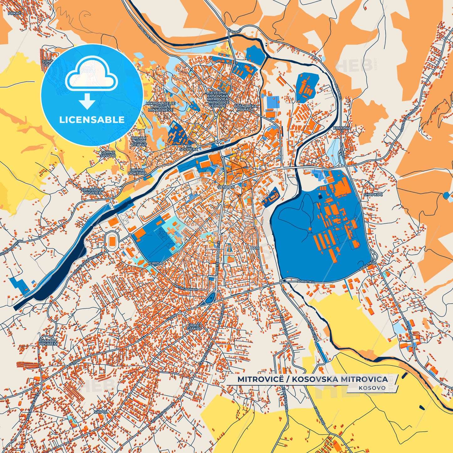Canvas Print Template of Mitrovicë / Kosovska Mitrovica Street Map