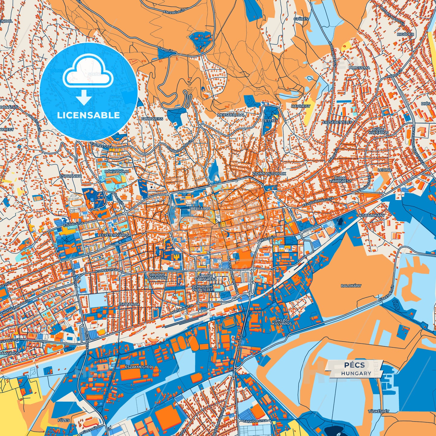 Canvas Print Template of Pécs Street Map