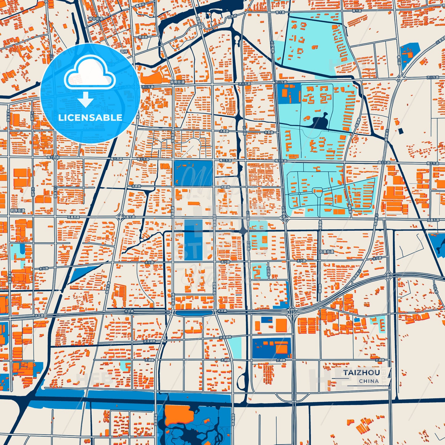 Canvas Print Template of Taizhou Street Map