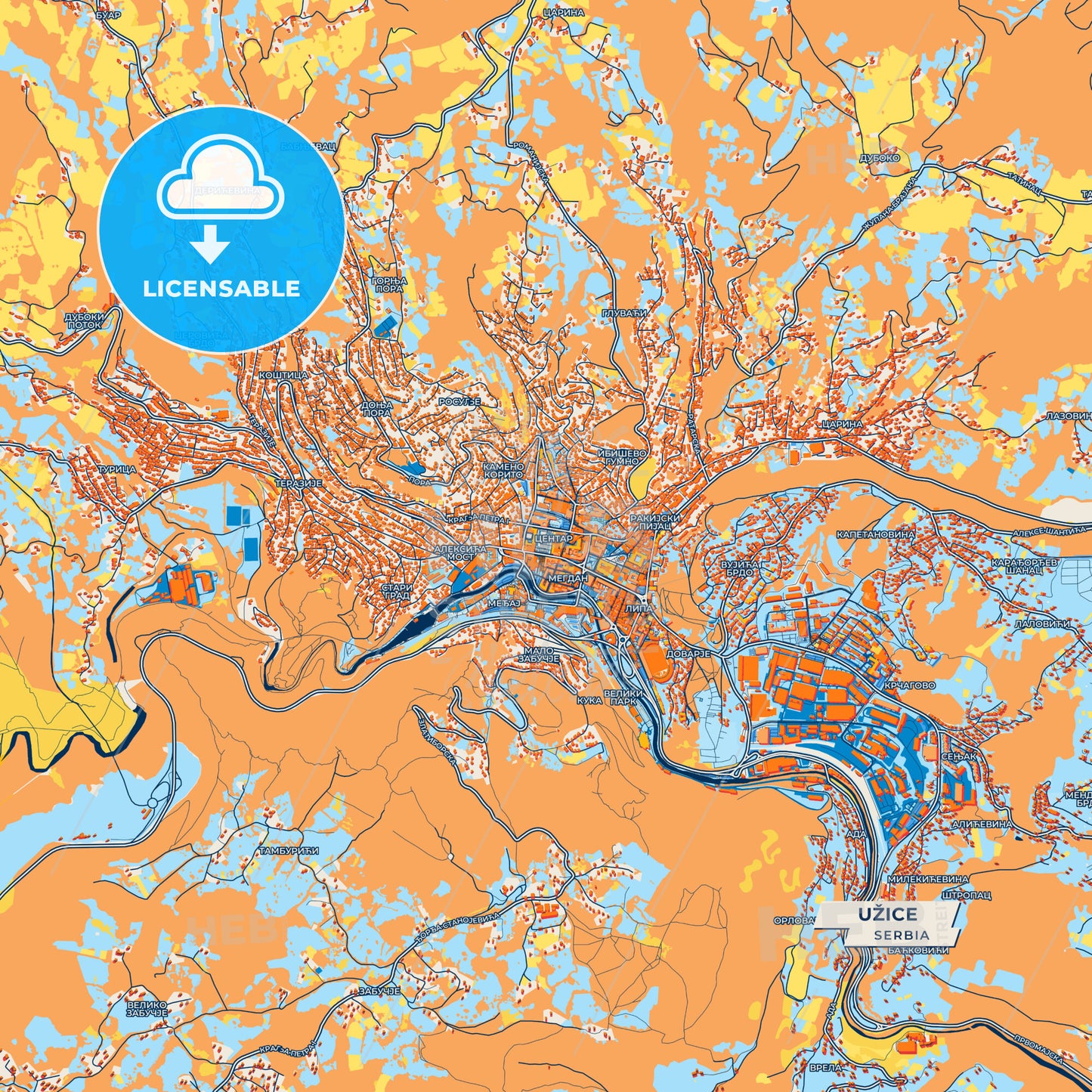 Canvas Print Template of Užice Street Map