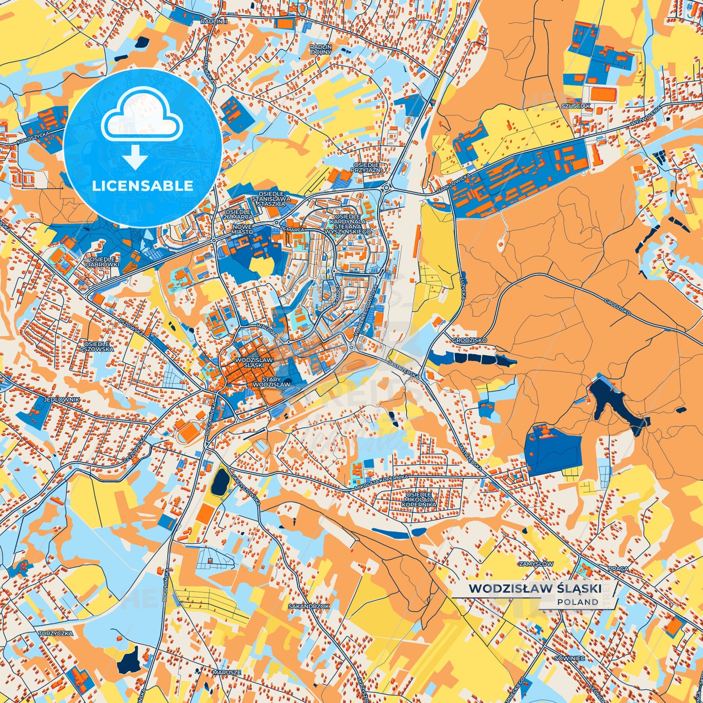 Canvas Print Template of Wodzisław Śląski Street Map