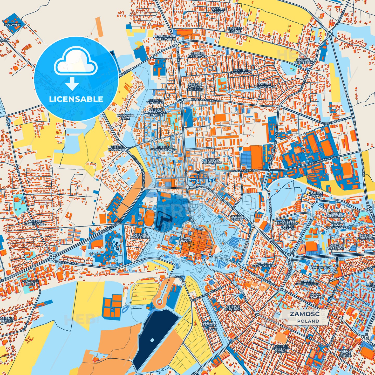 Canvas Print Template of Zamość Street Map
