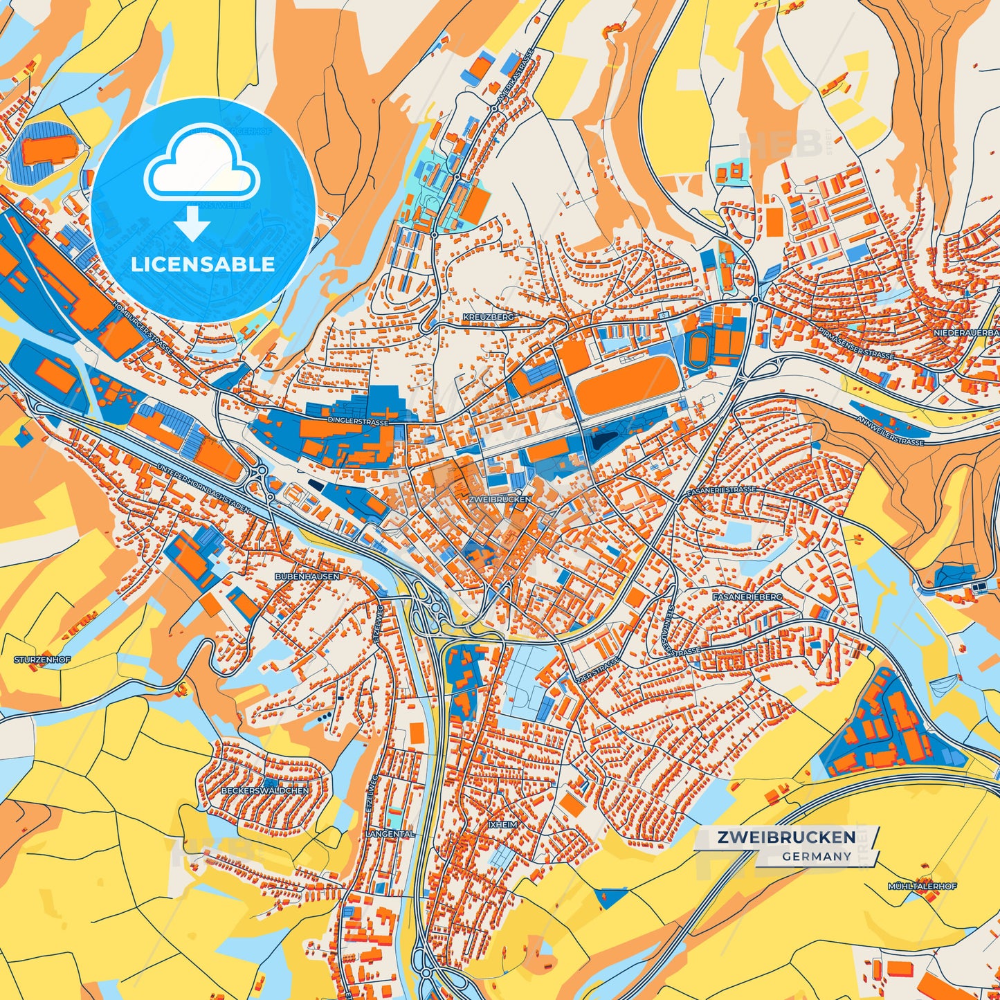Canvas Print Template of Zweibrucken Street Map