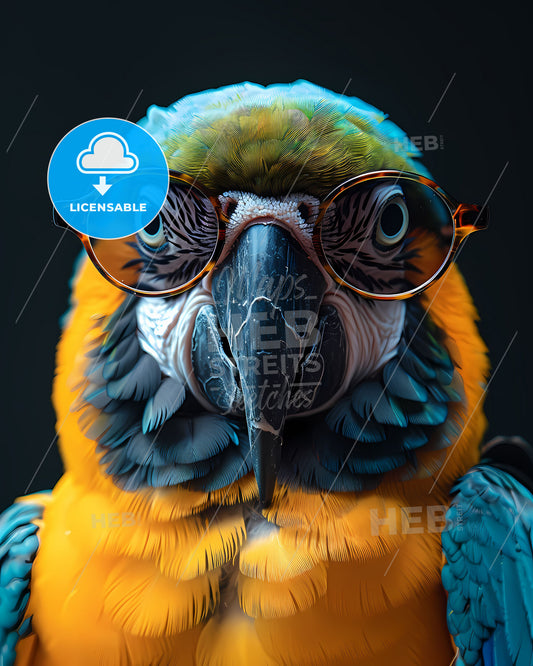 Vibrant oil painting of a colorful parrot wearing stylish sunglasses on a black background, showcasing the artist's unique style and attention to detail