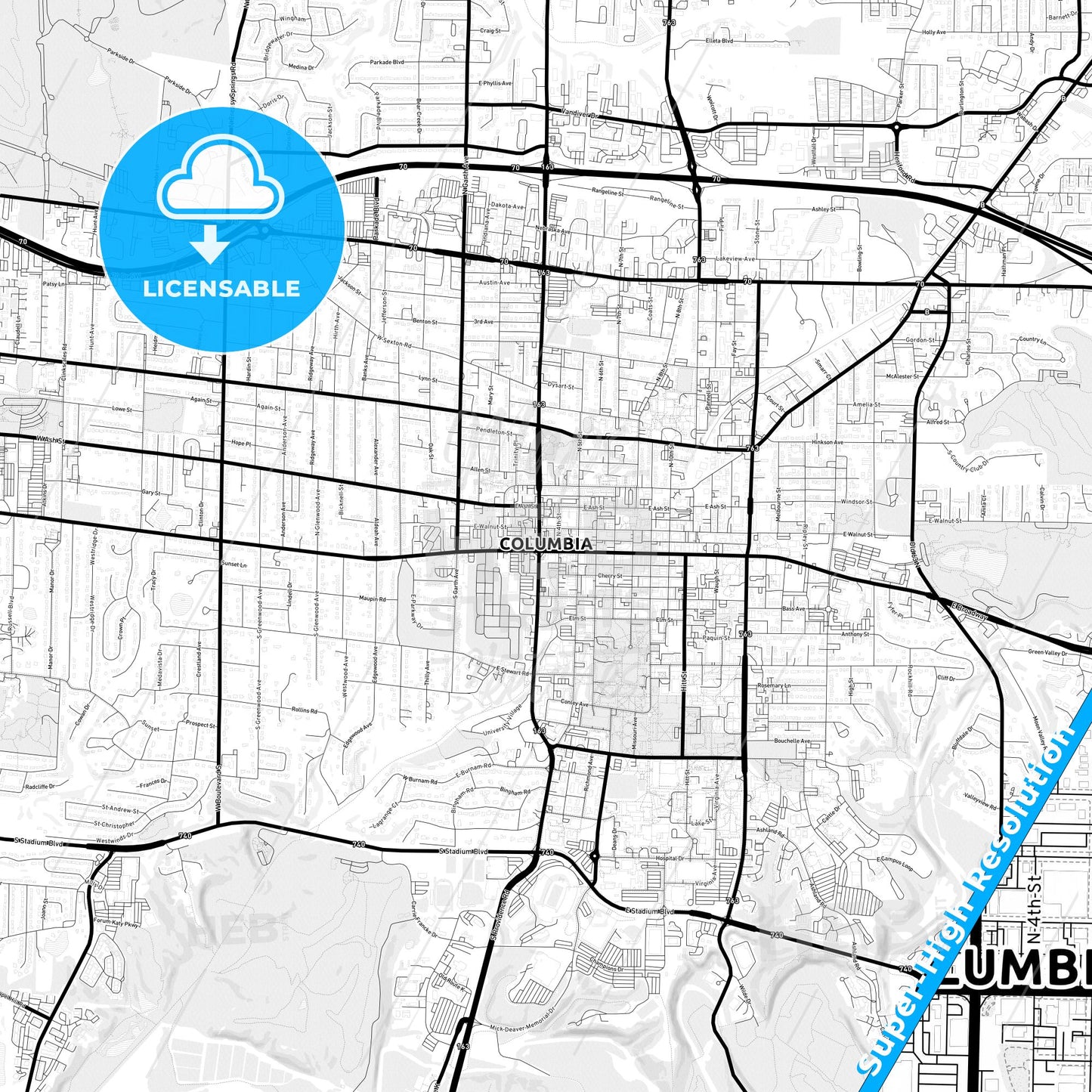 Columbia, Missouri Light Map with Street Names, City Names, and Districts