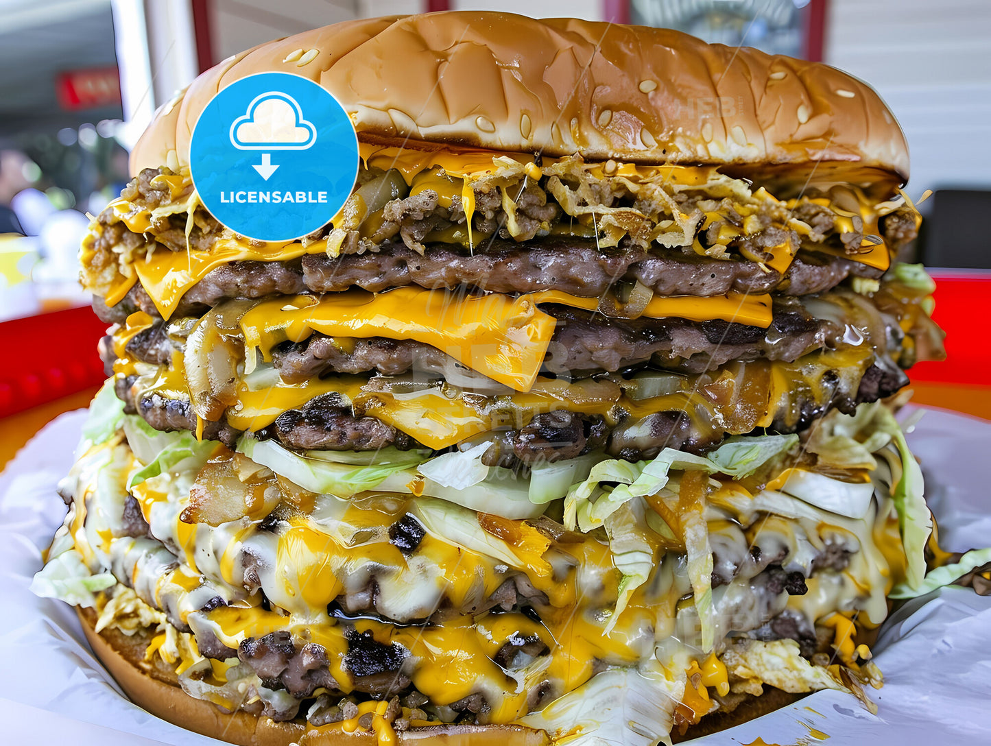 Art Painting Large Burger with Cheese and Meat Fastfood Interior Red Background Still Life Modern Art