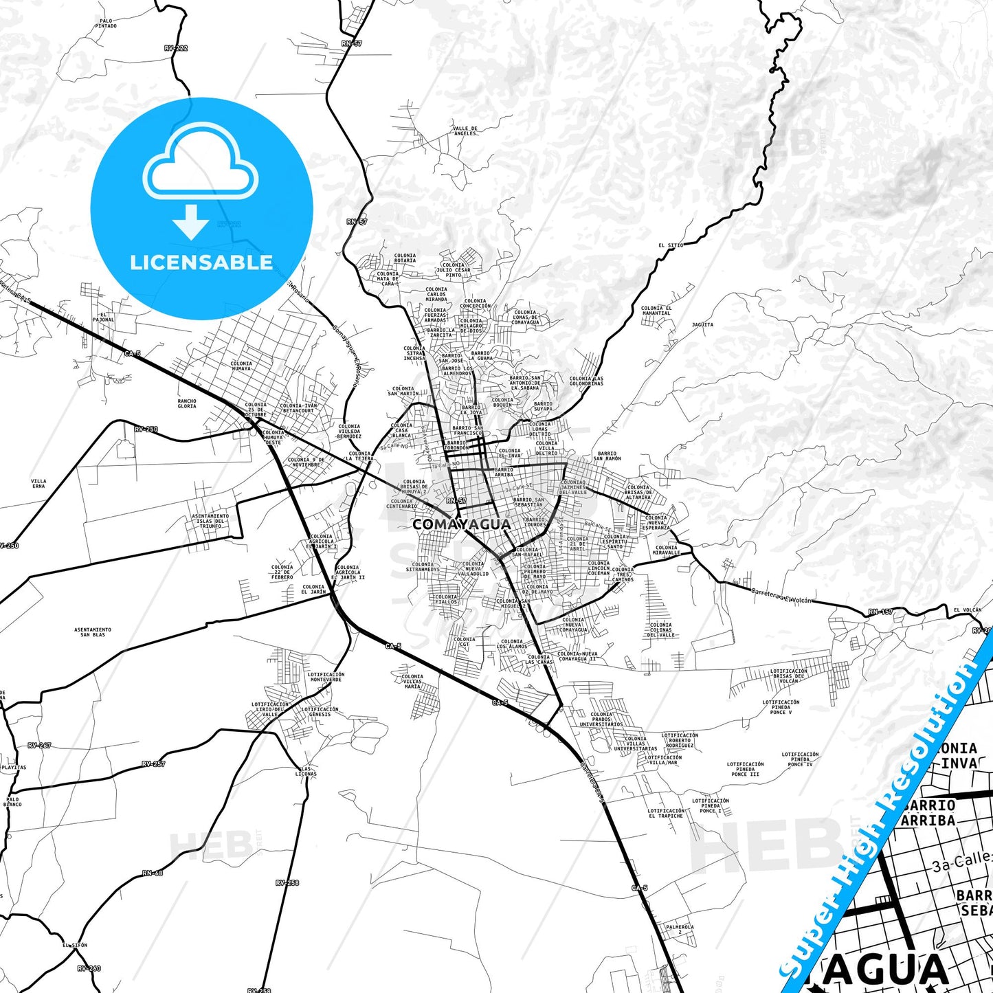 Comayagua, Honduras Light Map with Street Names, City Names, and Districts