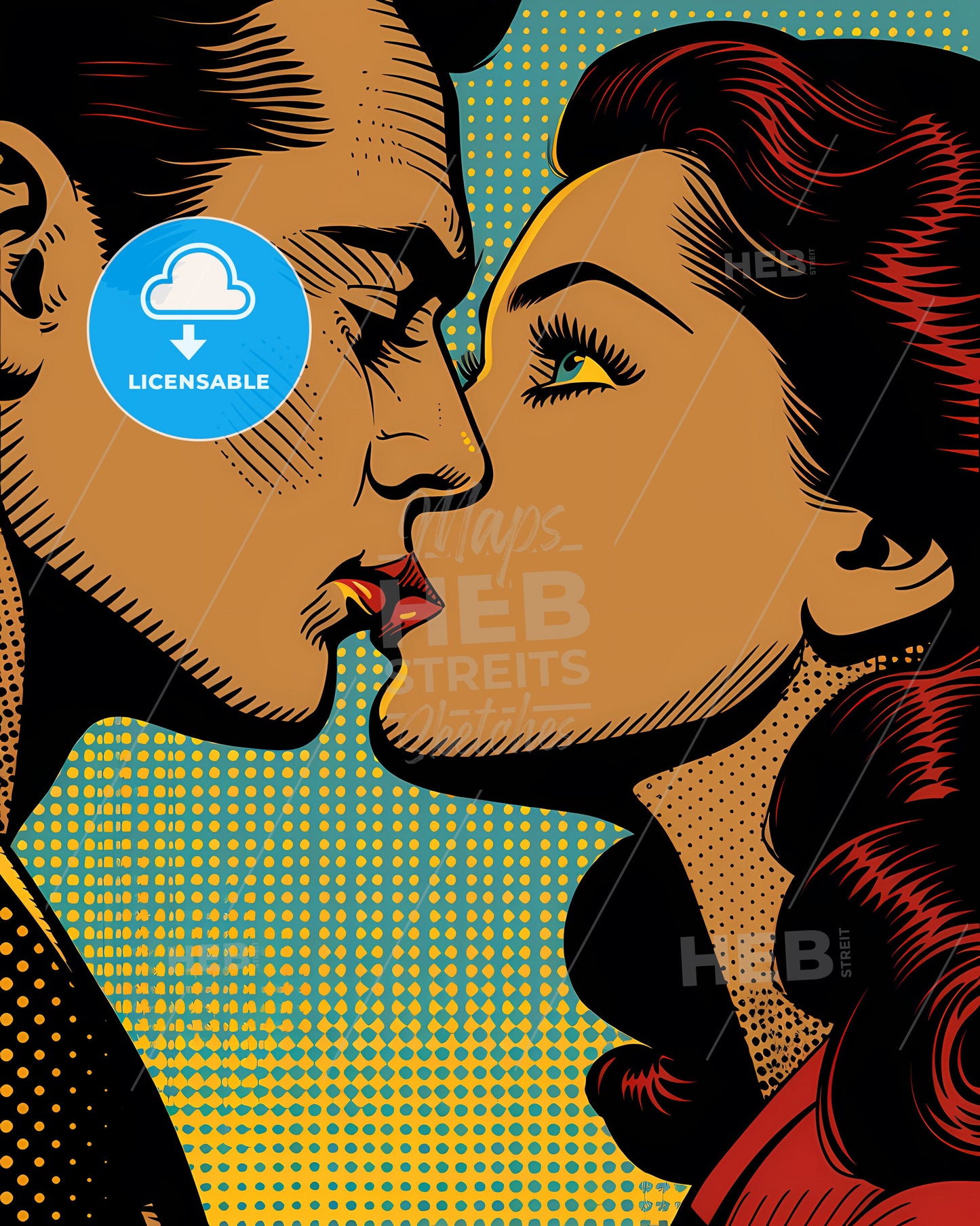 1970s Retro Comic Book Style: Vibrant Comic Strip of Girl Kissing Artistically Tattooed Man/Woman with Distinct Facial Features