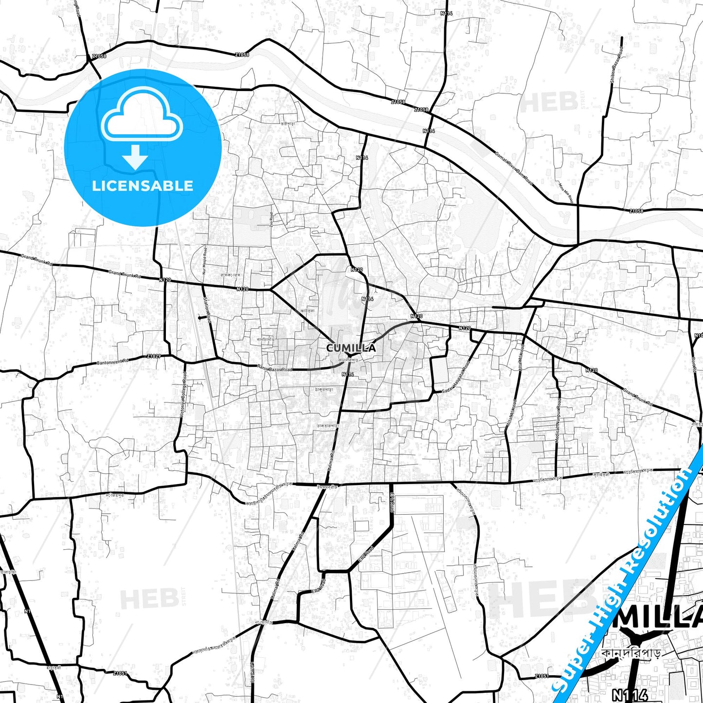 Comilla, Bangladesh Light Map with Street Names, City Names, and Districts