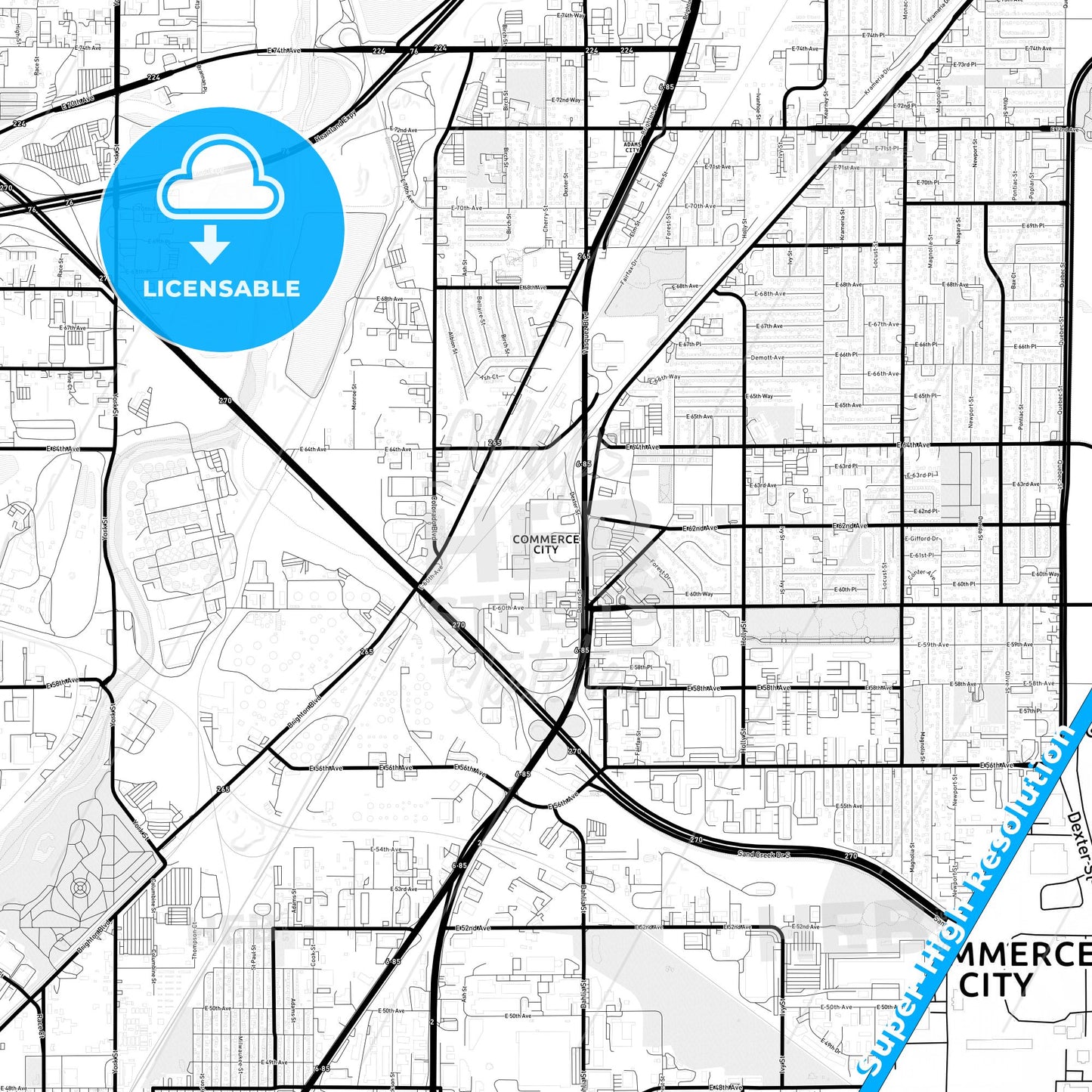 Commerce City, Colorado Light Map with Street Names, City Names, and Districts