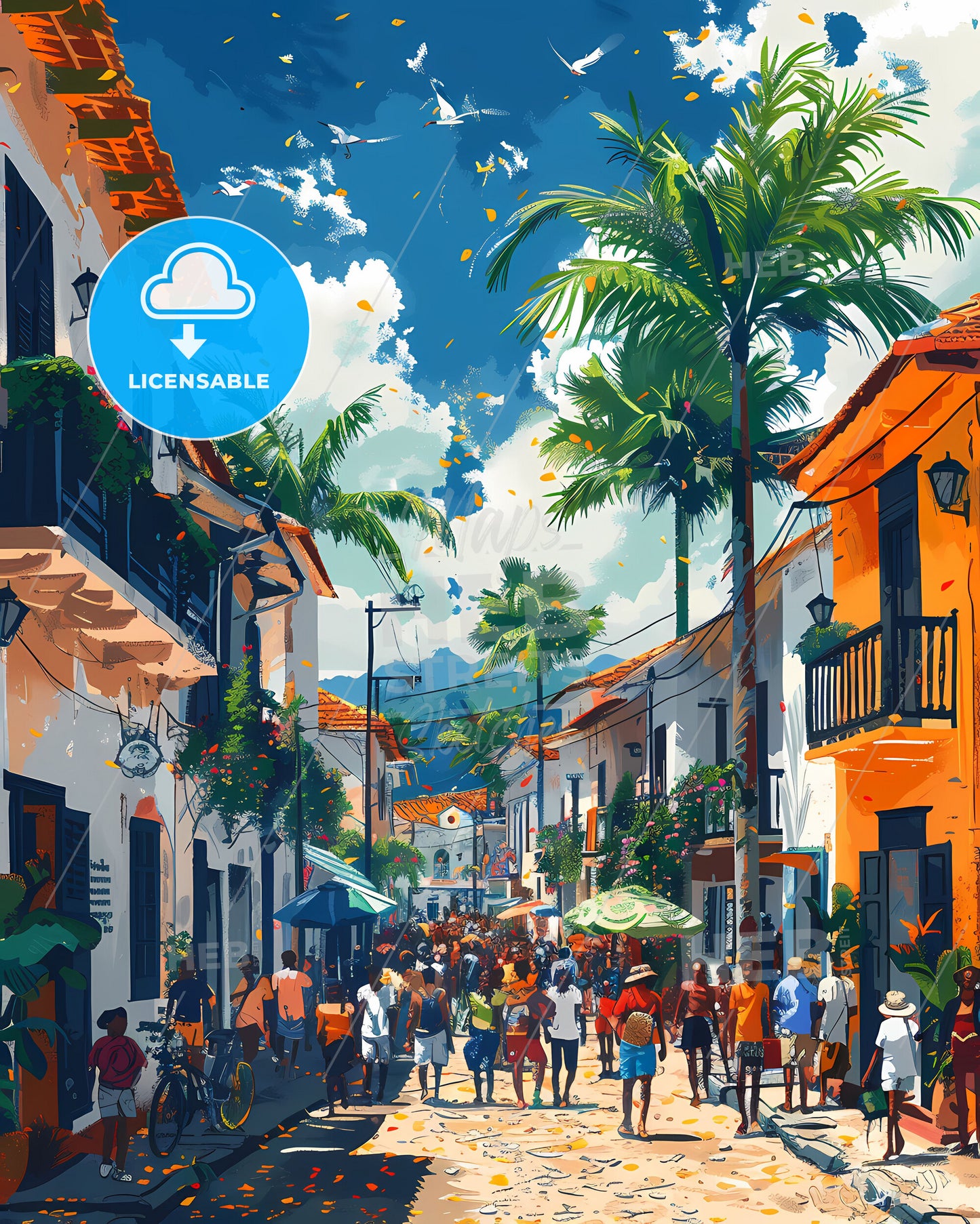 Colorful African Street Scene Painting - Comoros Art Africa Vibrant Painting