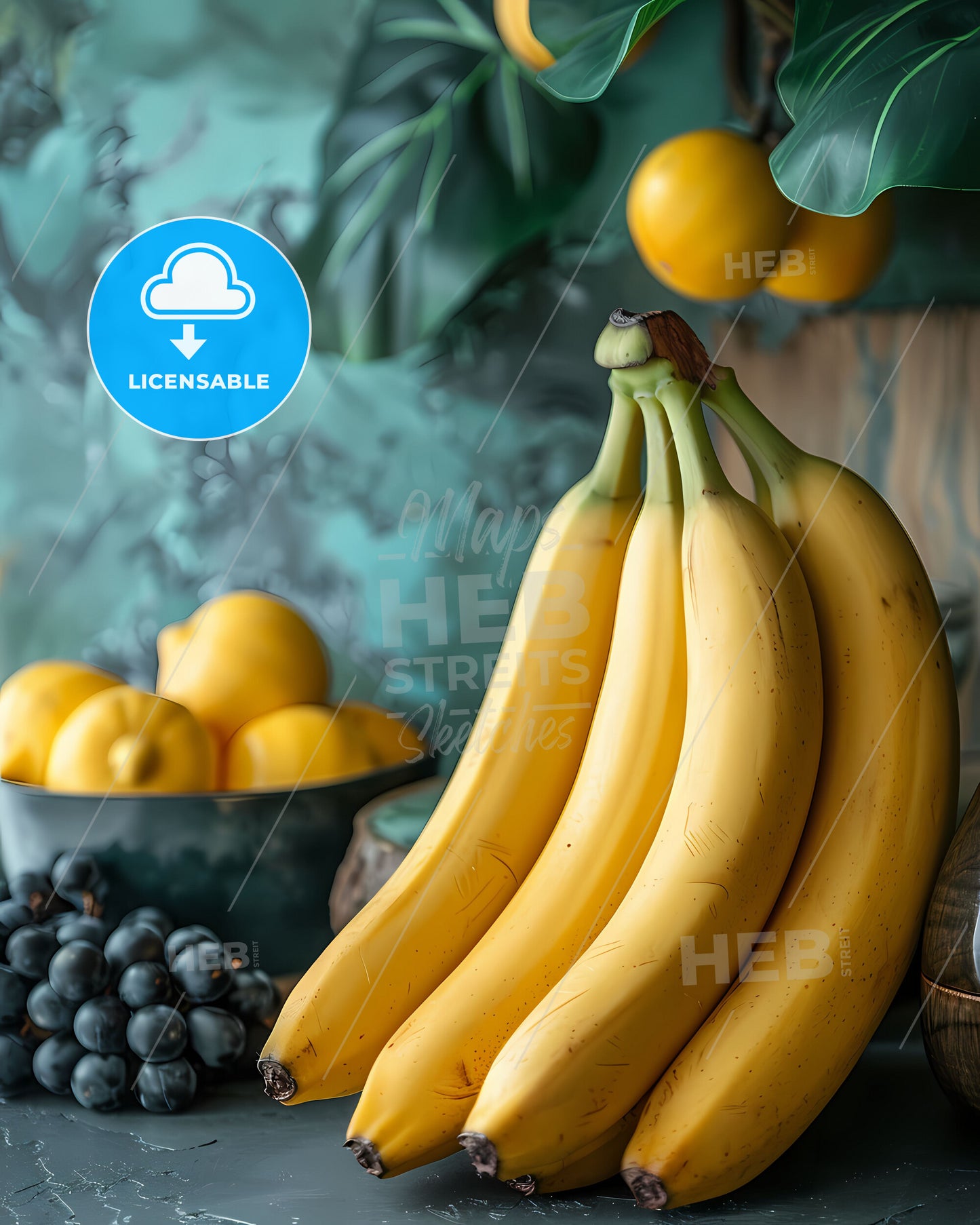 Rustic Table with Bananas, Variety of Banana Foods, Light Green Wall, Painting, Art