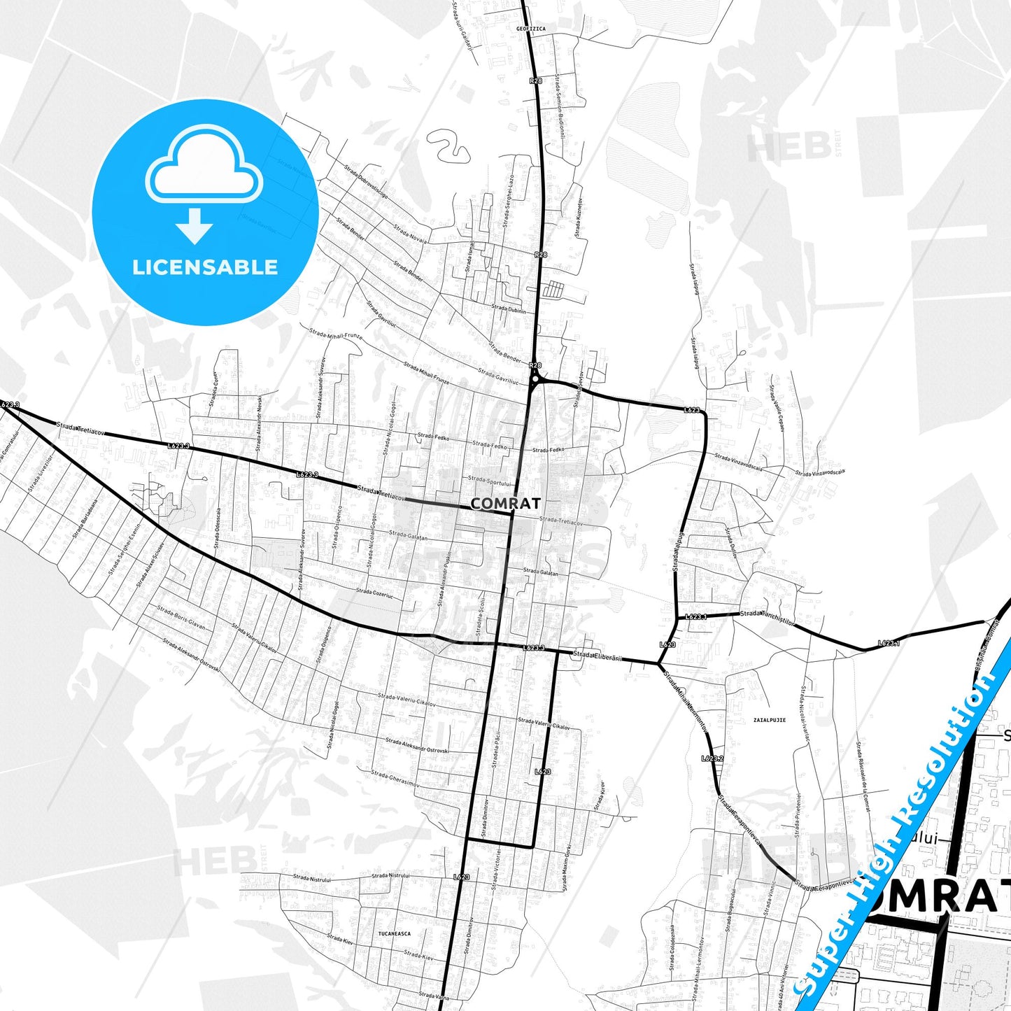 Comrat, Moldova Light Map with Street Names, City Names, and Districts