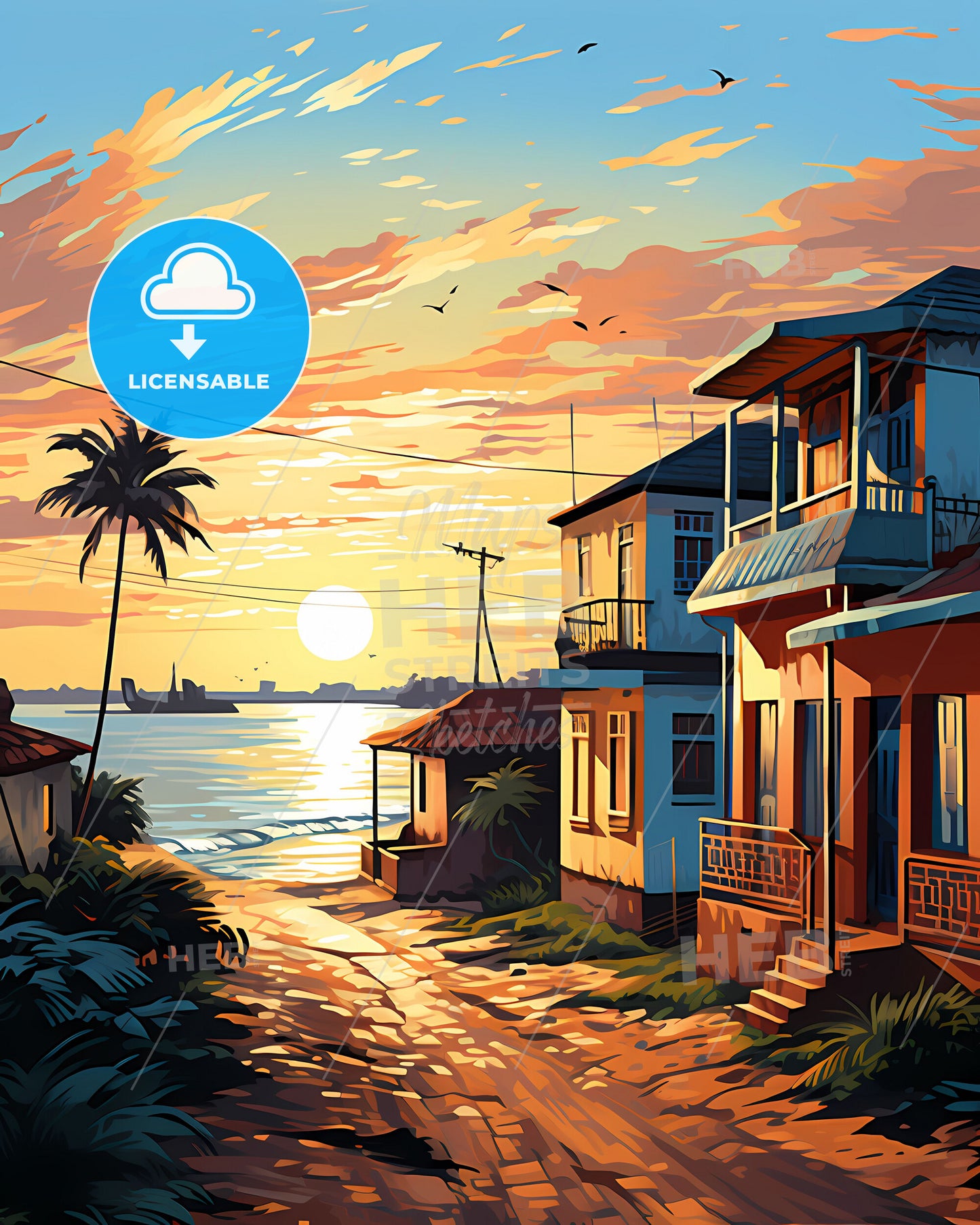 Artistic African Cityscape Painting: Conakry Guinea Skyline with Houses, Palm Trees, and Colorful Sunset