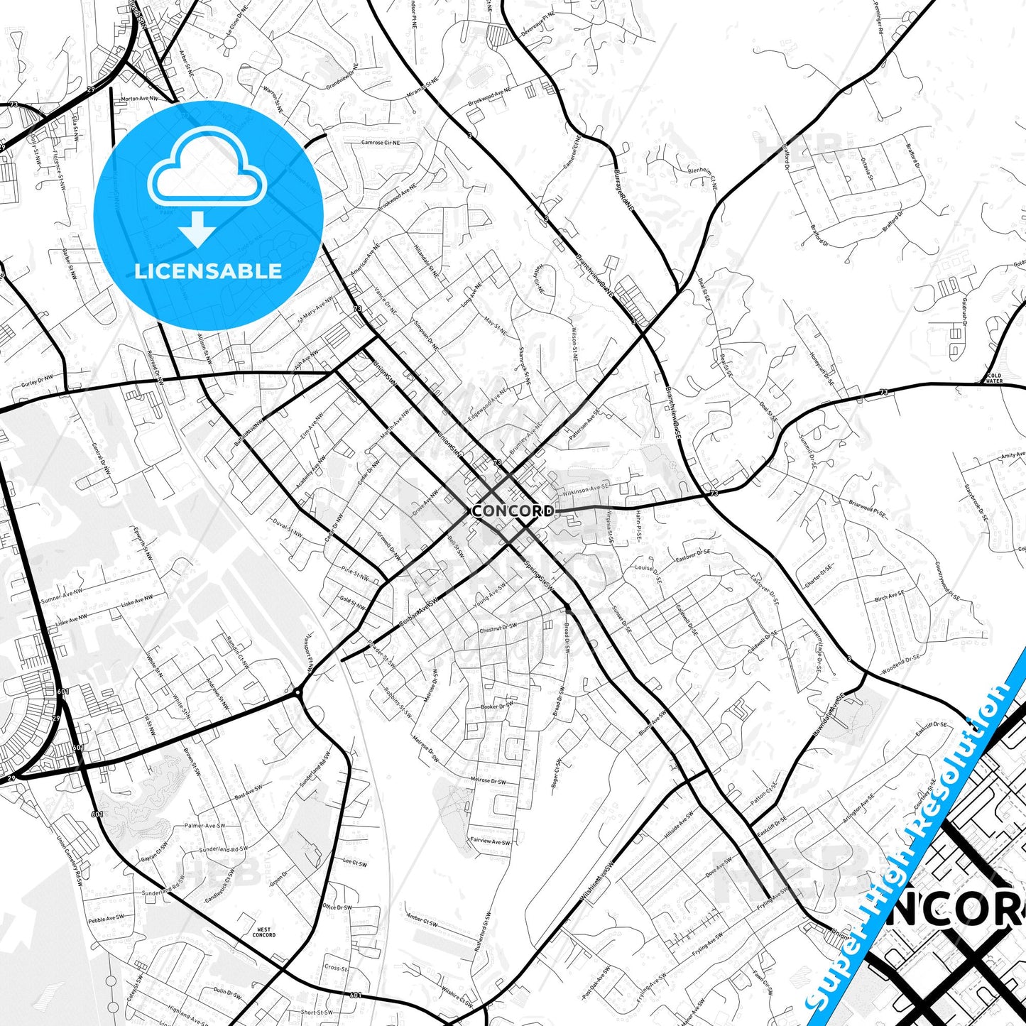 Concord, North Carolina Light Map with Street Names, City Names, and Districts