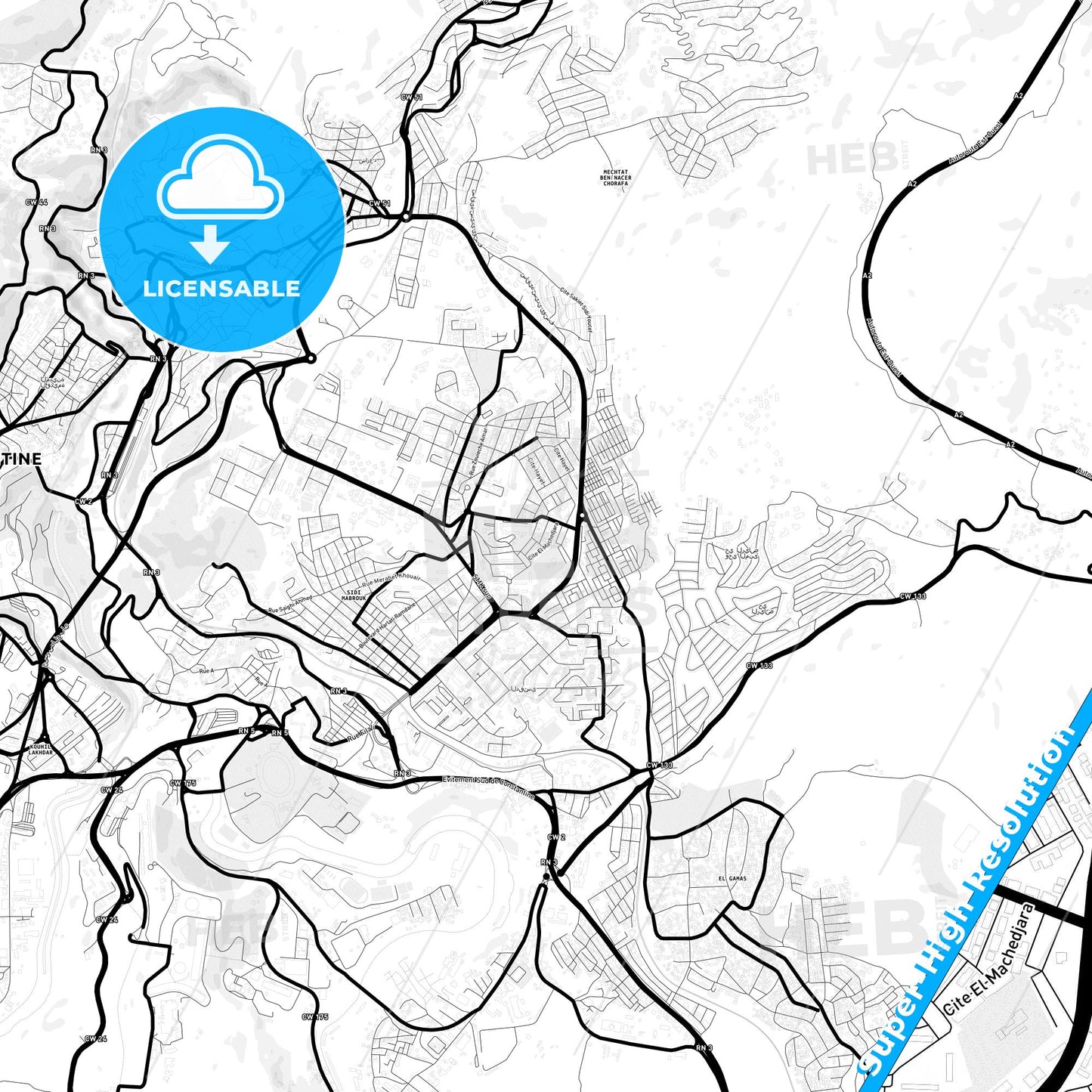 Constantine, Algeria Light Map with Street Names, City Names, and Districts