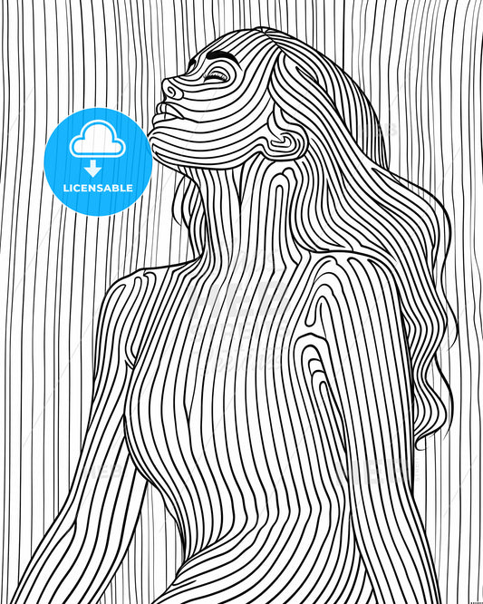Continuous line art portrait of a long-haired woman, feminine sticker style, planar art, vibrant painting, focus on art