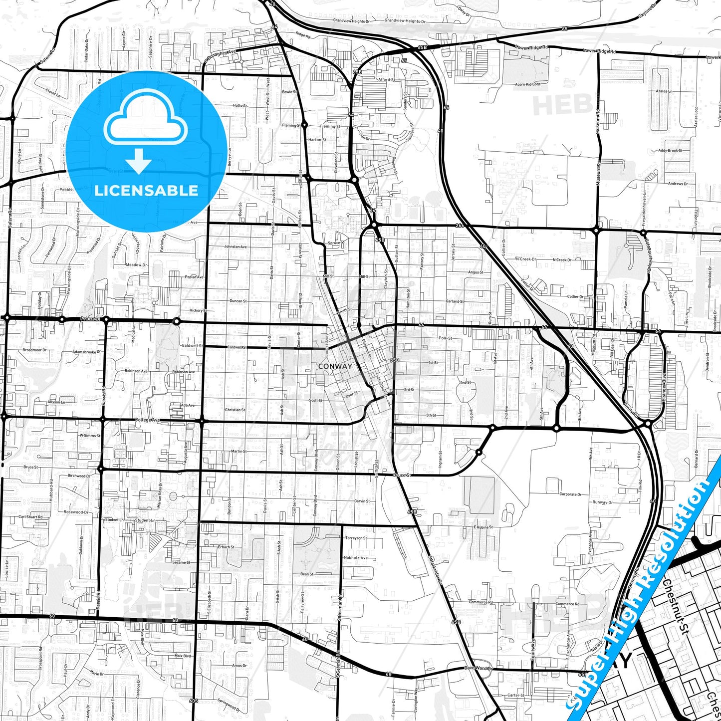 Conway, Arkansas Light Map with Street Names, City Names, and Districts